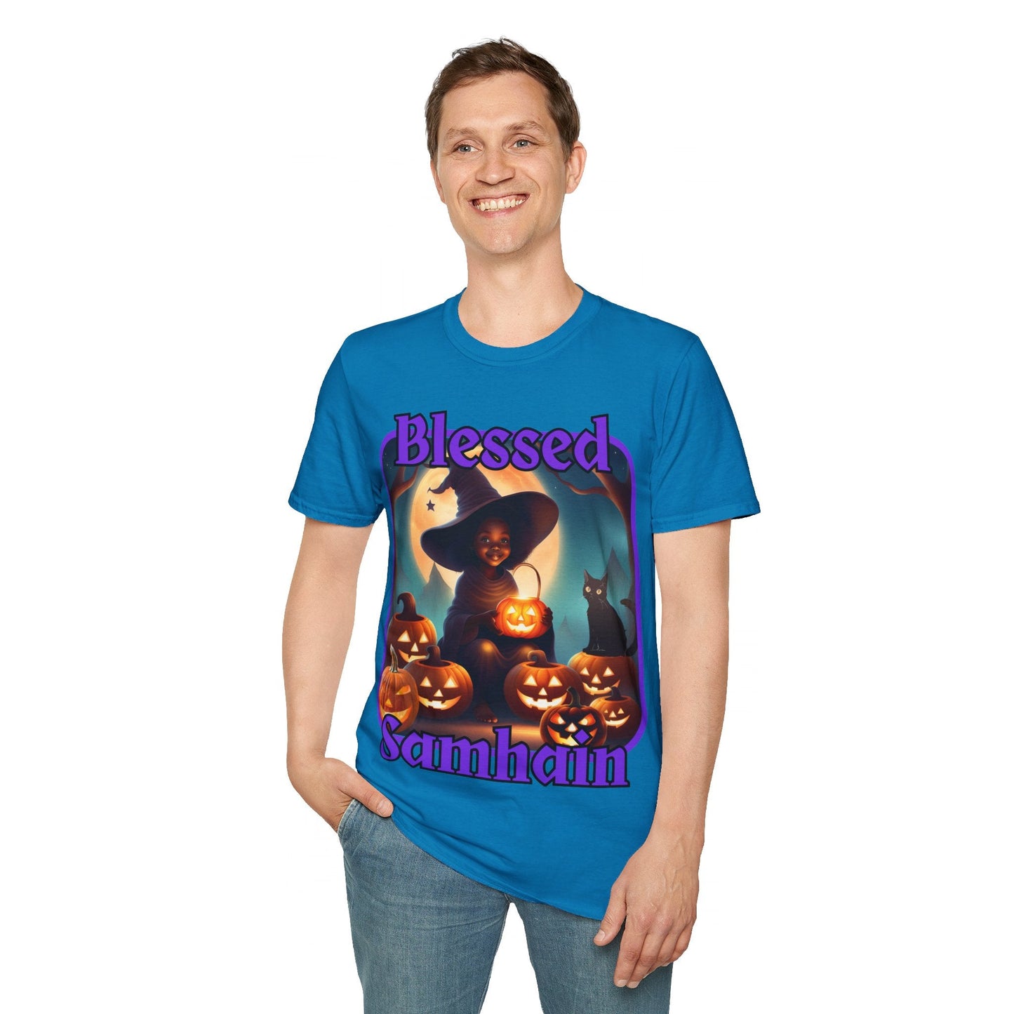 Blessed Samhain Cute Witch PRfont DKcolors Unisex T-Shirt by cypherpunkgear – cypherpunkgear.com | Cypherpunk Merch