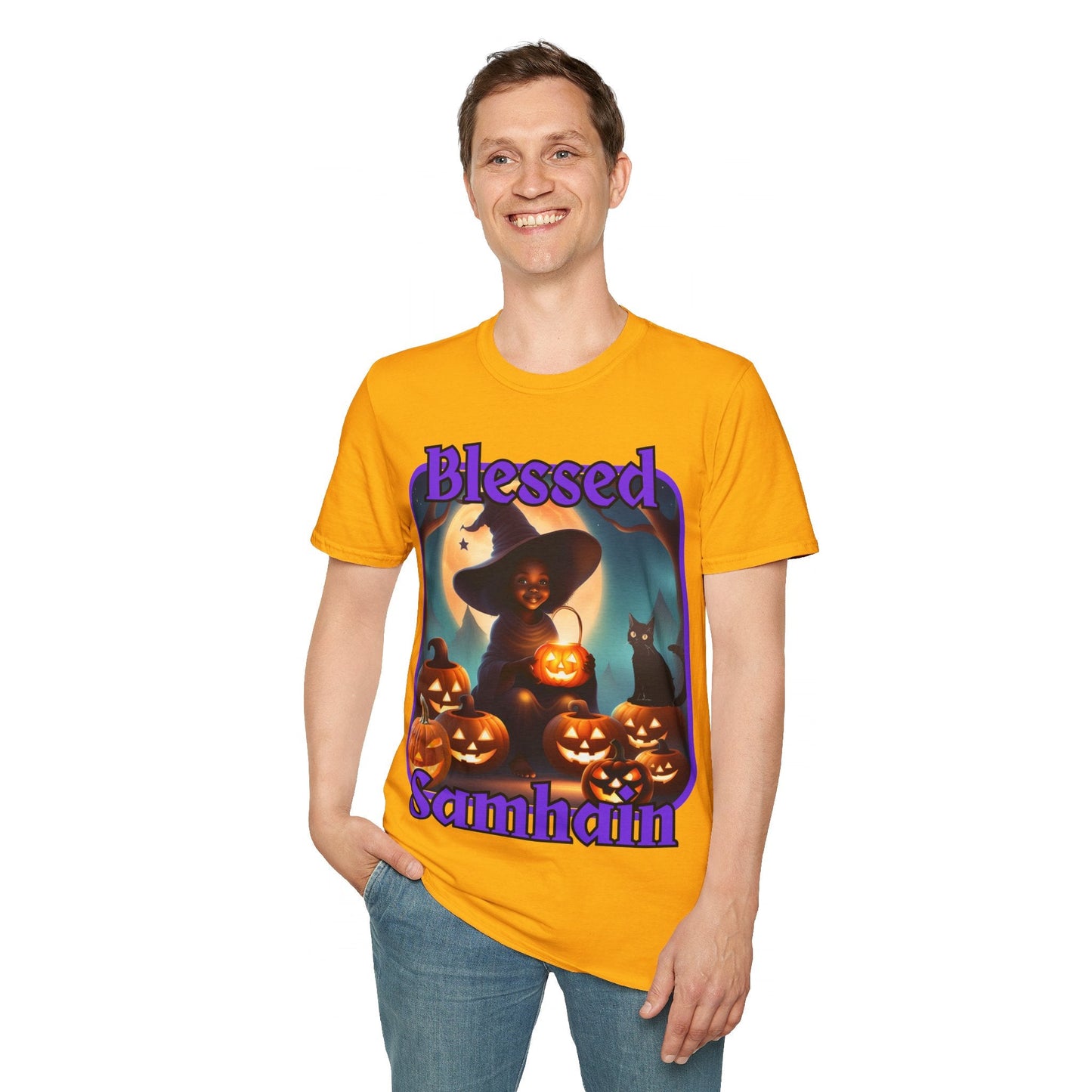 Blessed Samhain Cute Witch PRfont LTcolors Unisex T-Shirt by cypherpunkgear – cypherpunkgear.com | Cypherpunk Merch