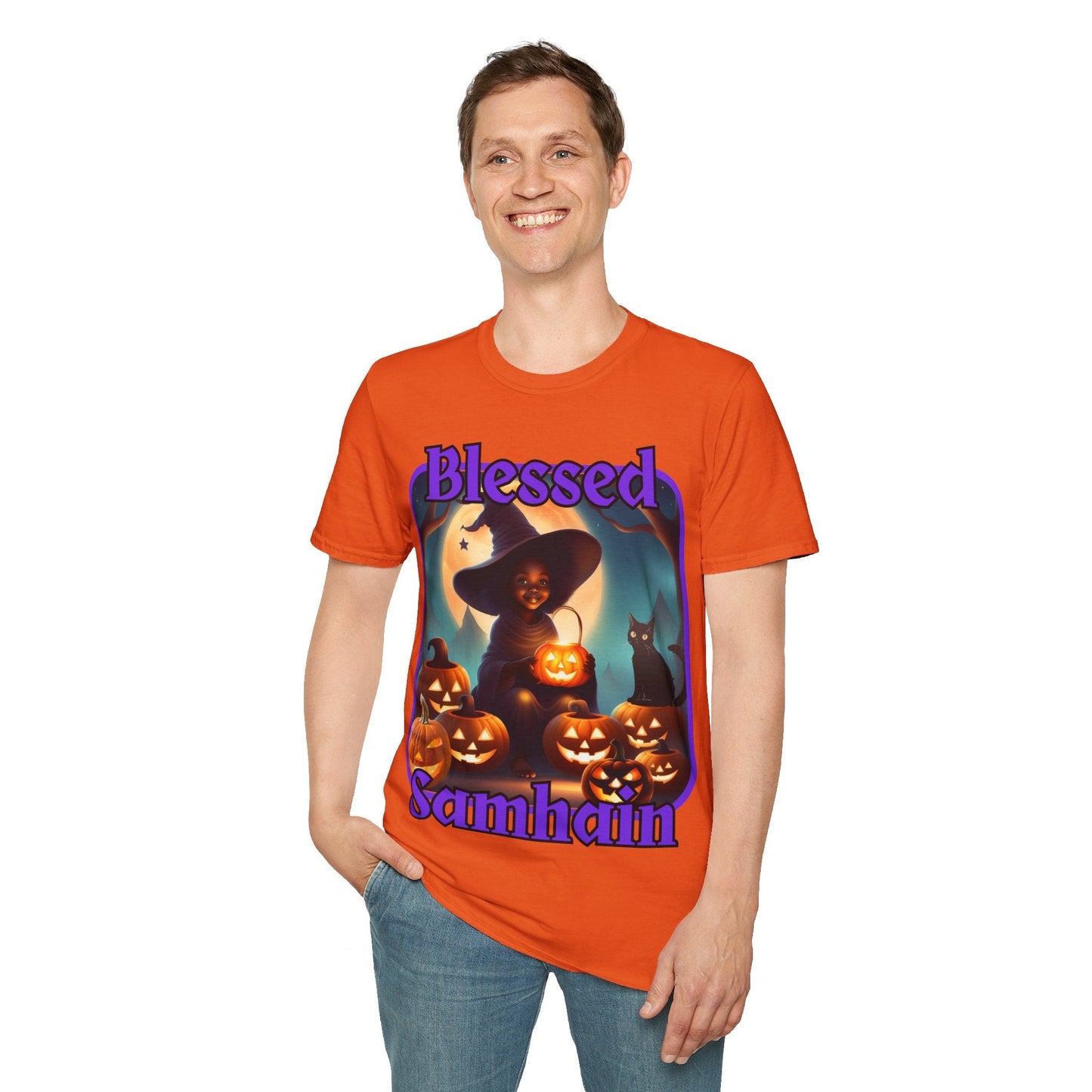 Blessed Samhain Cute Witch PRfont LTcolors Unisex T-Shirt by cypherpunkgear – cypherpunkgear.com | Cypherpunk Merch