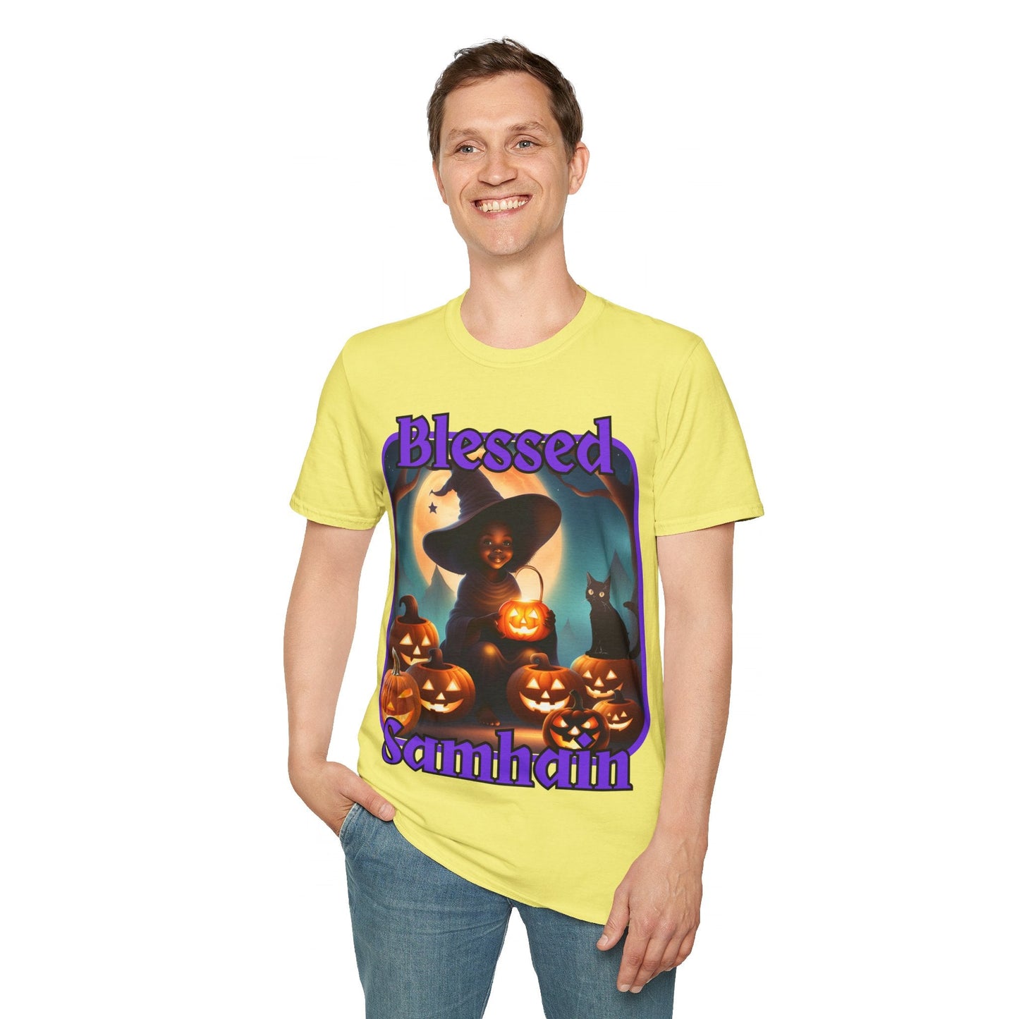 Blessed Samhain Cute Witch PRfont LTcolors Unisex T-Shirt by cypherpunkgear – cypherpunkgear.com | Cypherpunk Merch