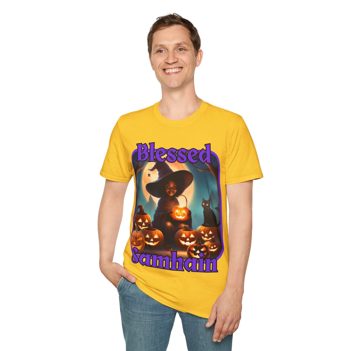 Blessed Samhain Cute Witch PRfont LTcolors Unisex T-Shirt by cypherpunkgear – cypherpunkgear.com | Cypherpunk Merch