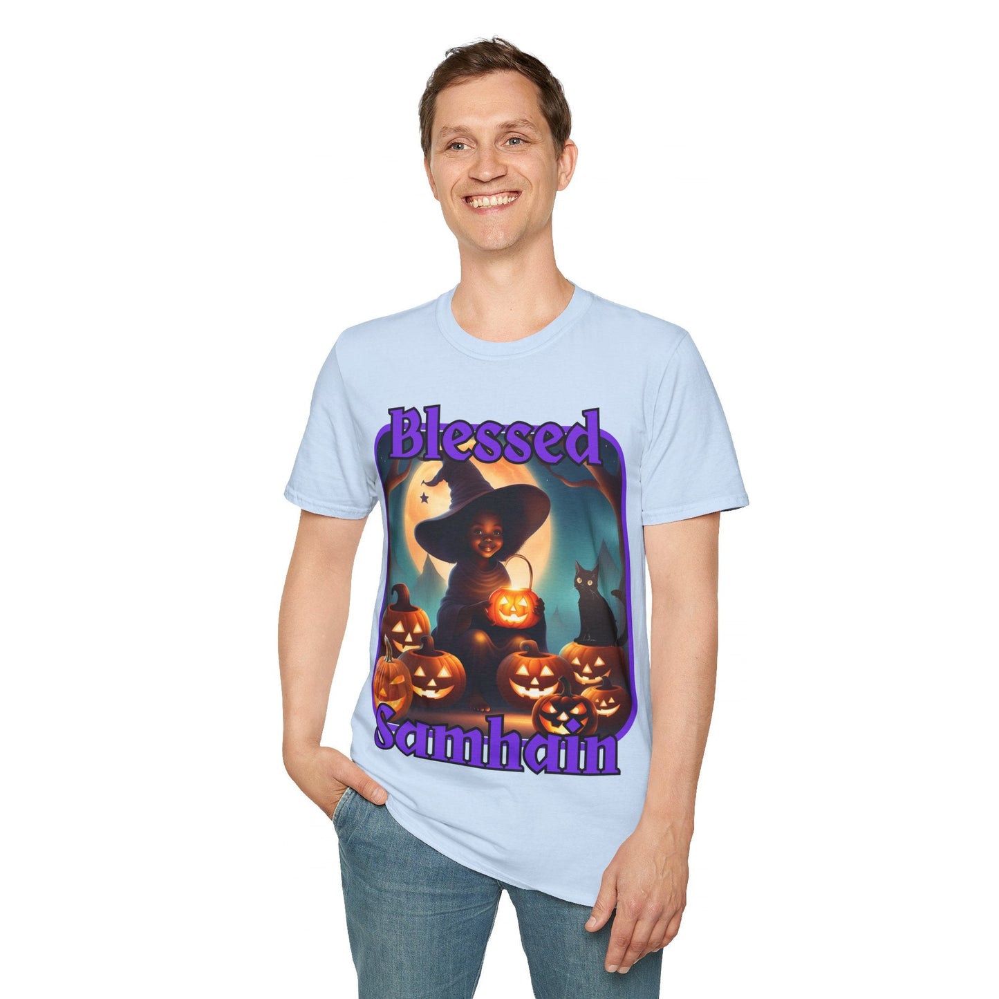 Blessed Samhain Cute Witch PRfont LTcolors Unisex T-Shirt by cypherpunkgear – cypherpunkgear.com | Cypherpunk Merch