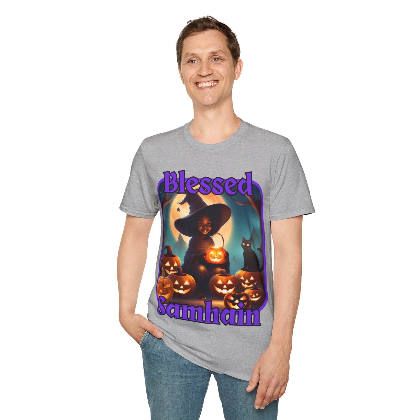 Blessed Samhain Cute Witch PRfont LTcolors Unisex T-Shirt by cypherpunkgear – cypherpunkgear.com | Cypherpunk Merch