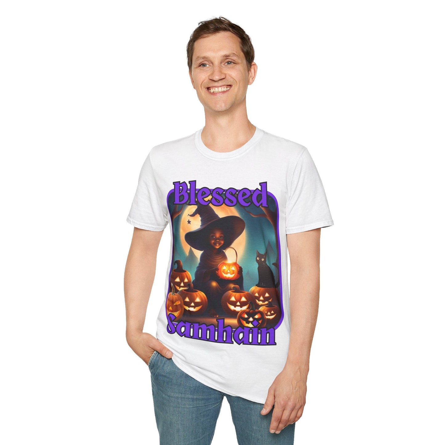 Blessed Samhain Cute Witch PRfont LTcolors Unisex T-Shirt by cypherpunkgear – cypherpunkgear.com | Cypherpunk Merch