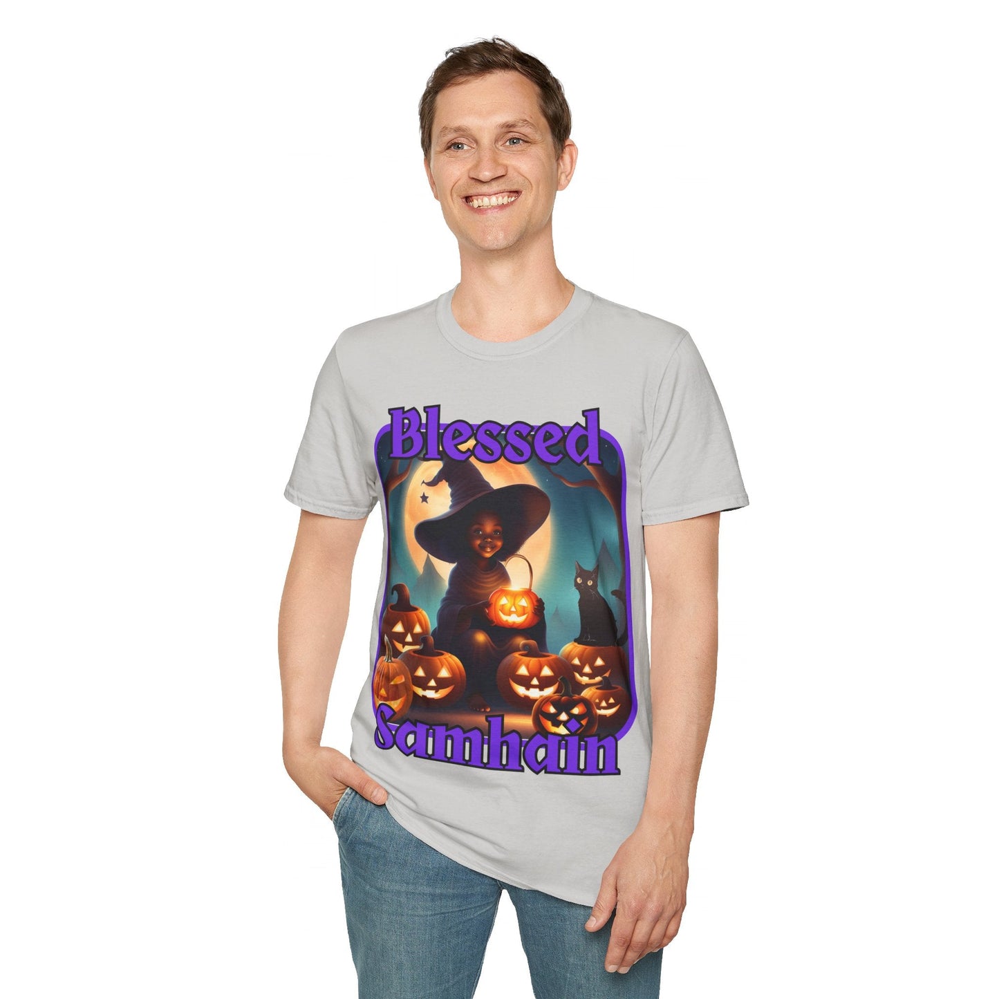 Blessed Samhain Cute Witch PRfont LTcolors Unisex T-Shirt by cypherpunkgear – cypherpunkgear.com | Cypherpunk Merch