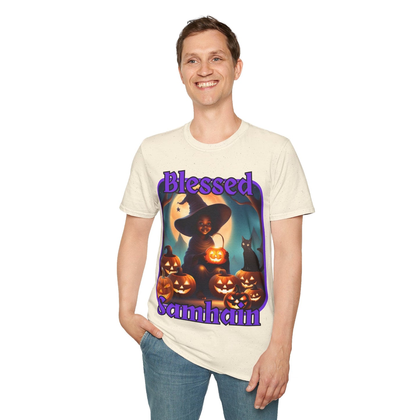 Blessed Samhain Cute Witch PRfont LTcolors Unisex T-Shirt by cypherpunkgear – cypherpunkgear.com | Cypherpunk Merch
