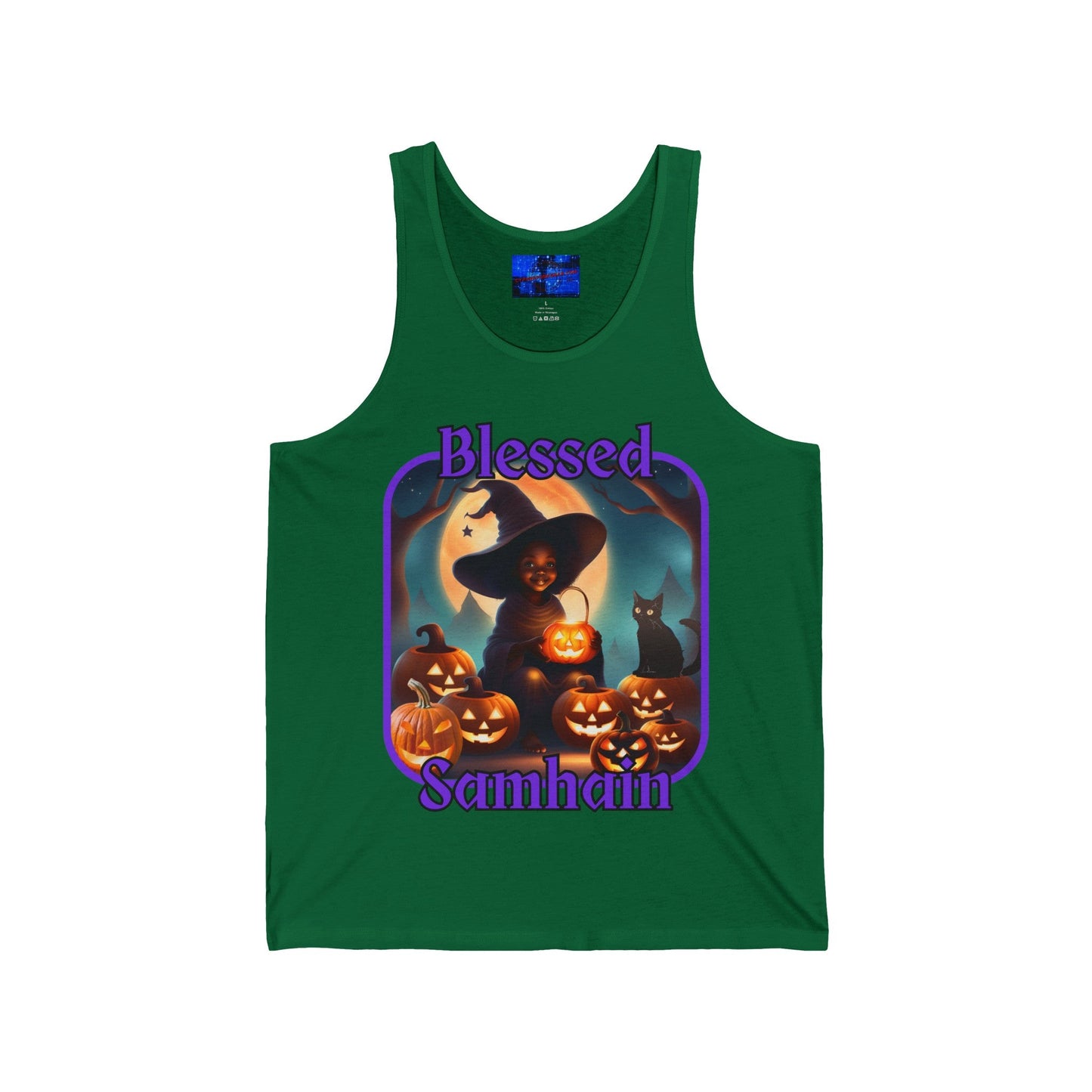 Blessed Samhain Cute Witch PRfont Unisex Jersey Tank Top by cypherpunkgear – cypherpunkgear.com | Cypherpunk Merch