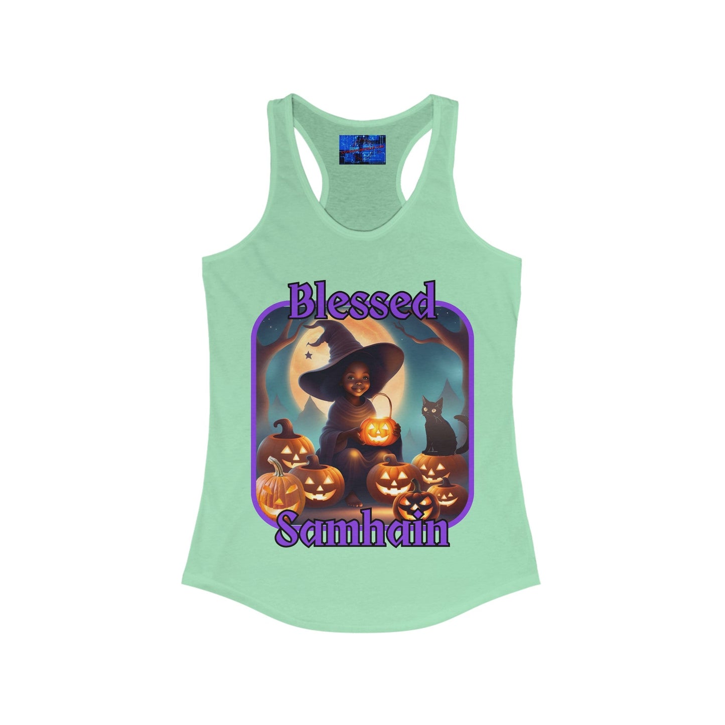 Blessed Samhain Cute Witch PRfont Women's Racerback Tank Top by cypherpunkgear – cypherpunkgear.com | Cypherpunk Merch