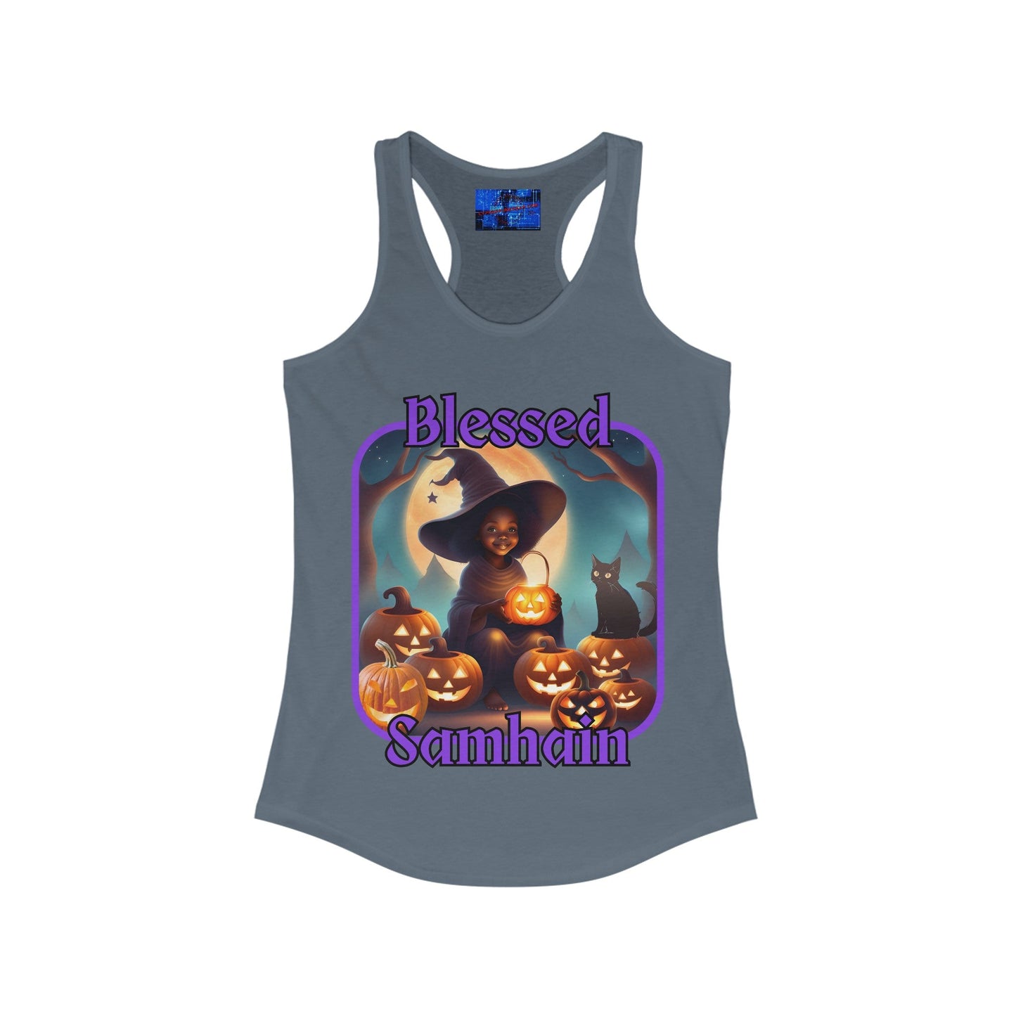 Blessed Samhain Cute Witch PRfont Women's Racerback Tank Top by cypherpunkgear – cypherpunkgear.com | Cypherpunk Merch