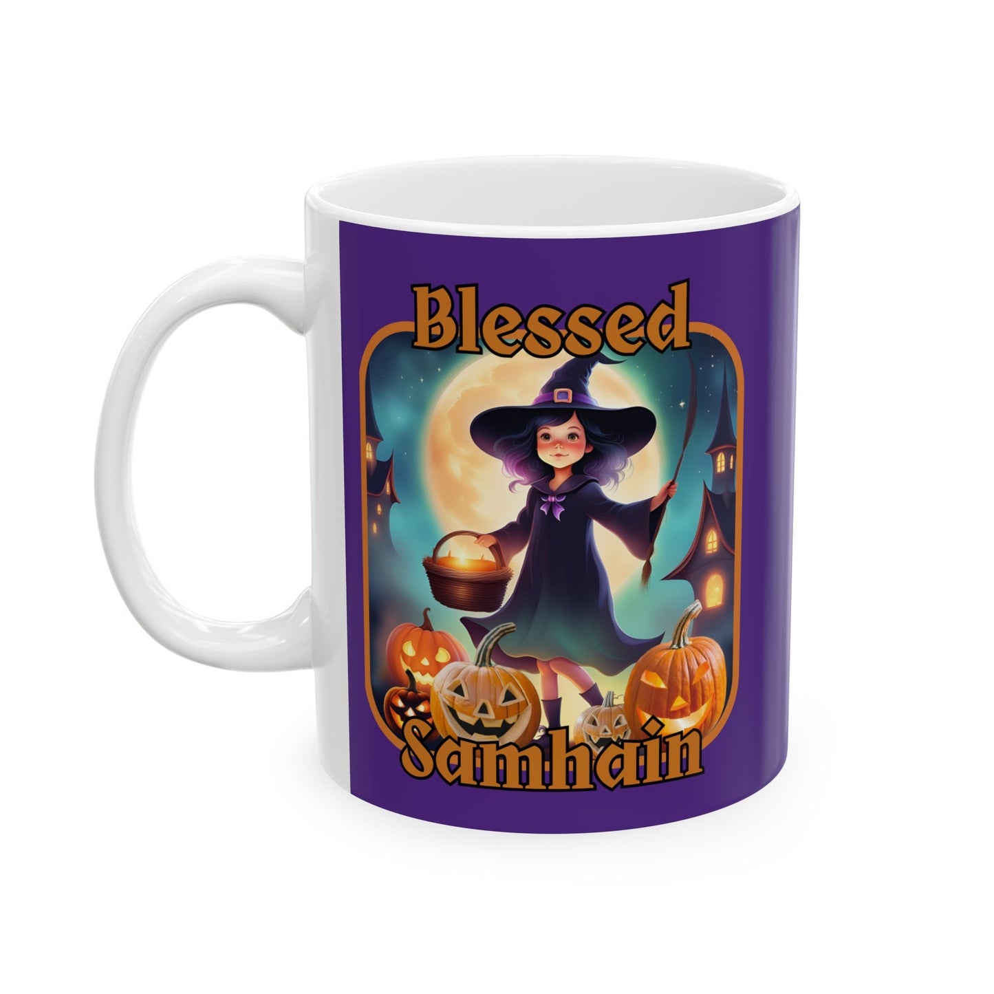 Blessed Samhain Little Witch ORfont Purple Mug by cypherpunkgear – cypherpunkgear.com | Cypherpunk Merch