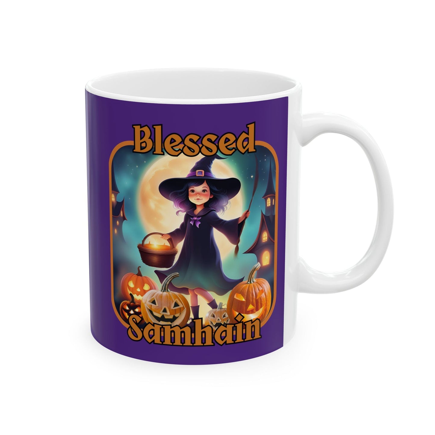 Blessed Samhain Little Witch ORfont Purple Mug by cypherpunkgear – cypherpunkgear.com | Cypherpunk Merch