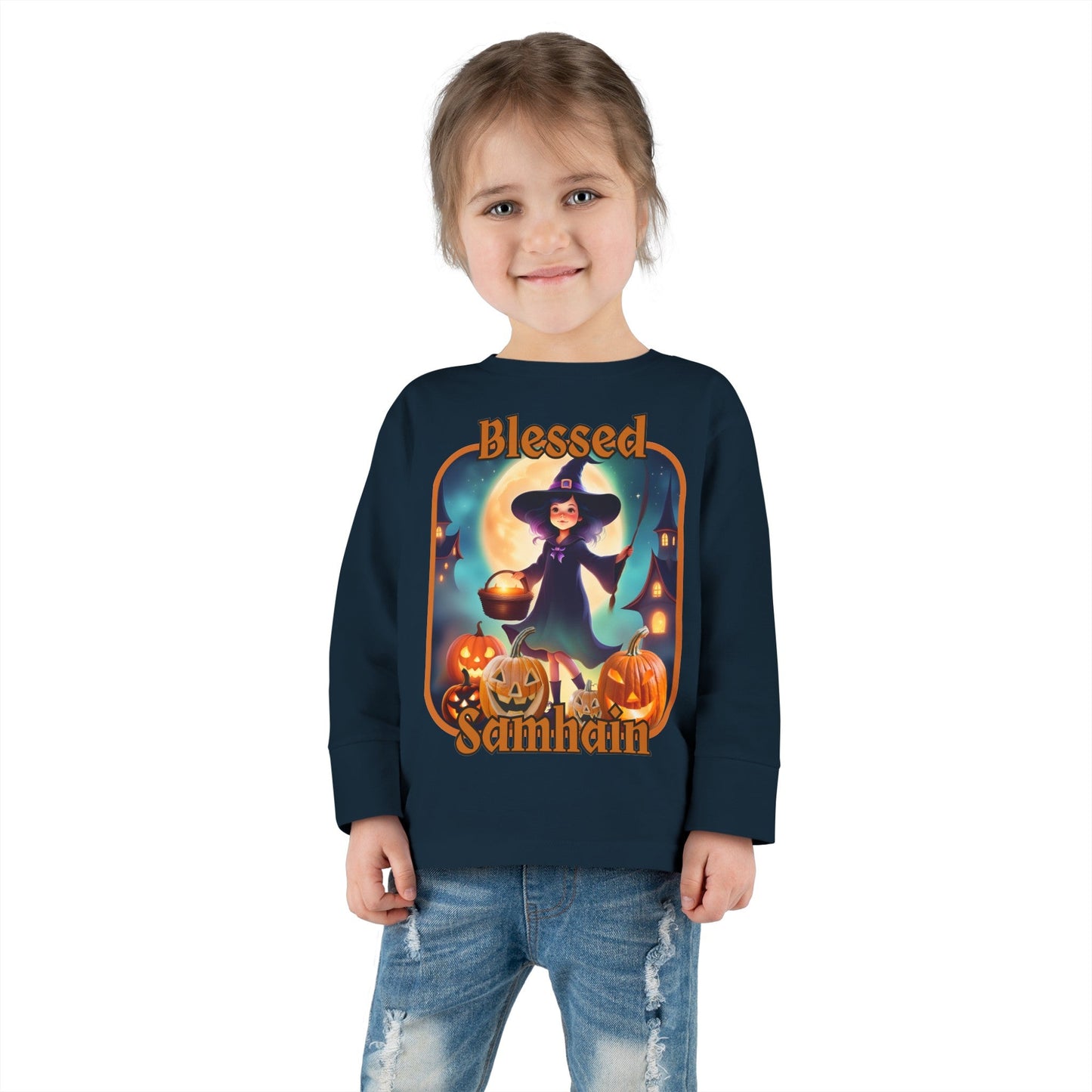 Blessed Samhain Little Witch ORfont Toddler Long Sleeve Tee by cypherpunkgear – cypherpunkgear.com | Cypherpunk Merch