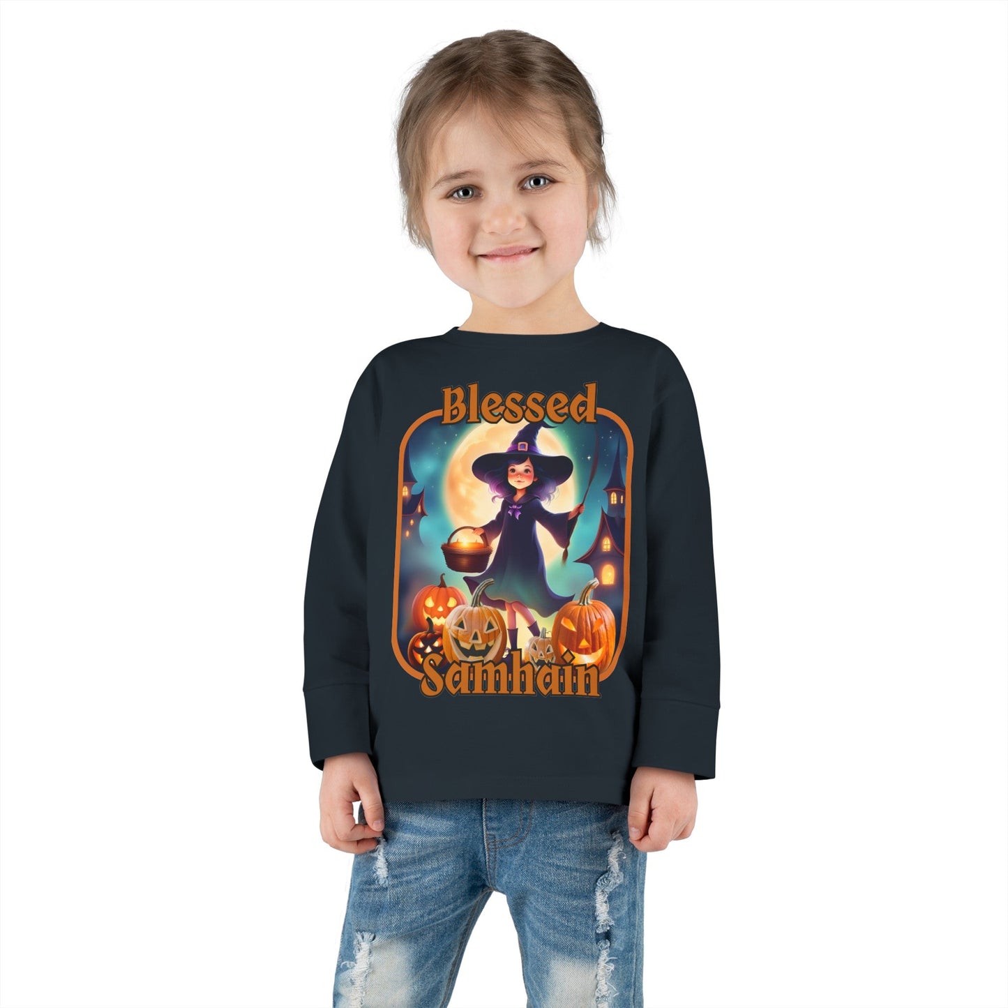 Blessed Samhain Little Witch ORfont Toddler Long Sleeve Tee by cypherpunkgear – cypherpunkgear.com | Cypherpunk Merch