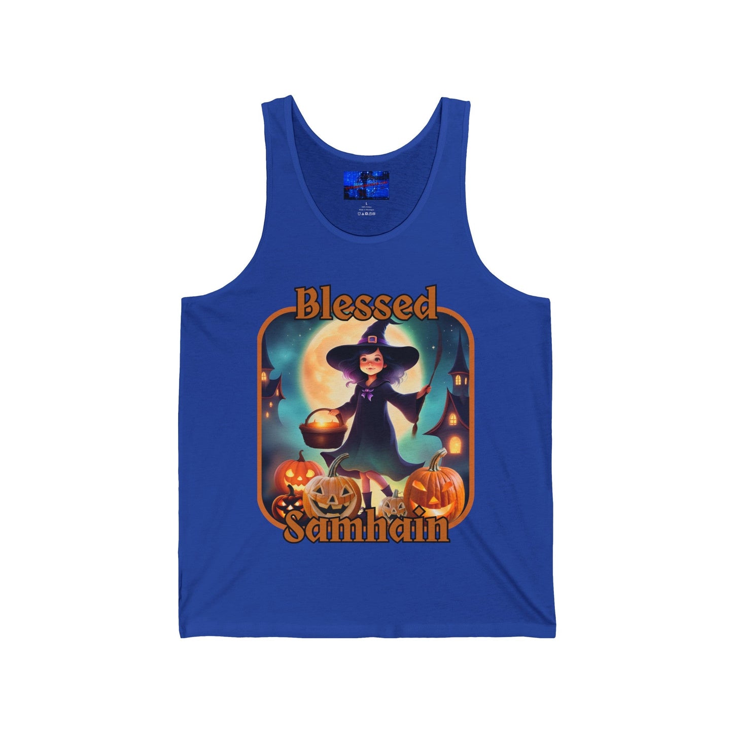 Blessed Samhain Little Witch ORfont Unisex Jersey Tank Top by cypherpunkgear – cypherpunkgear.com | Cypherpunk Merch