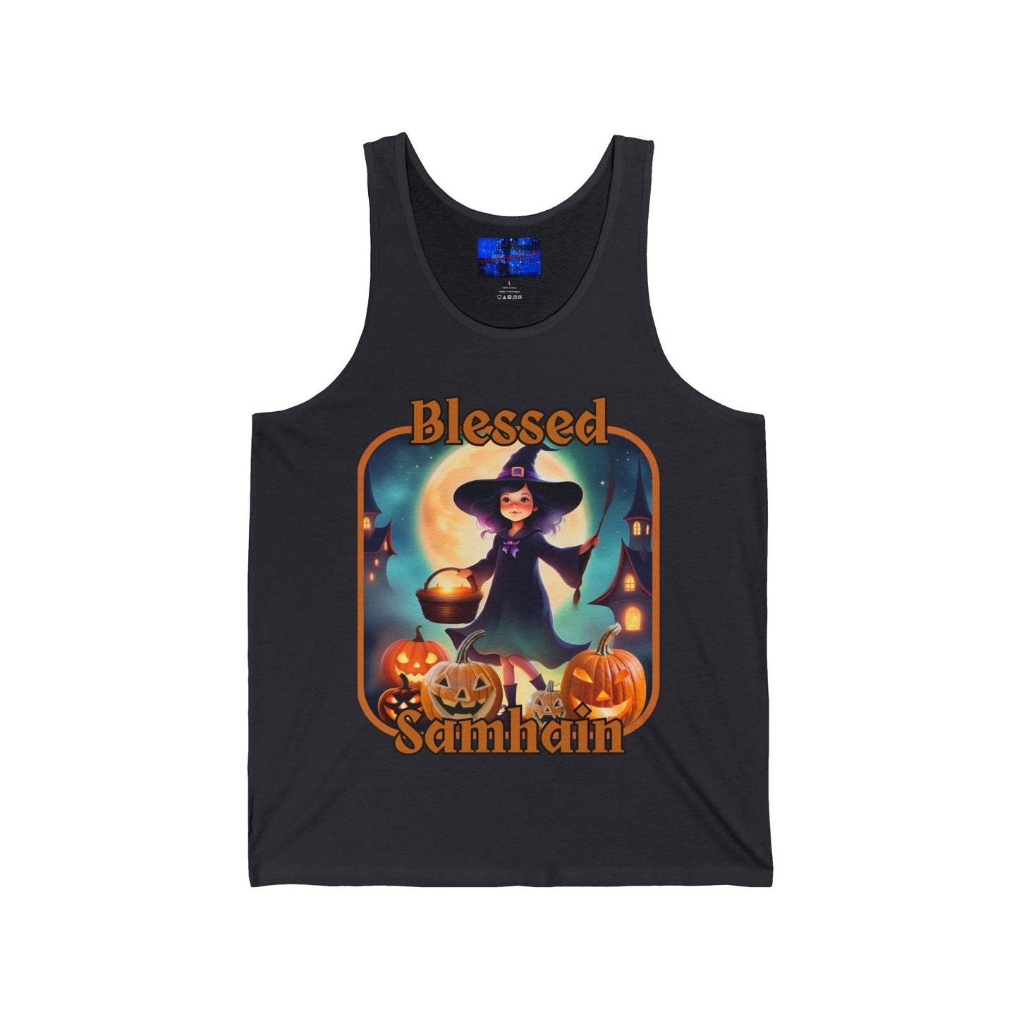 Blessed Samhain Little Witch ORfont Unisex Jersey Tank Top by cypherpunkgear – cypherpunkgear.com | Cypherpunk Merch