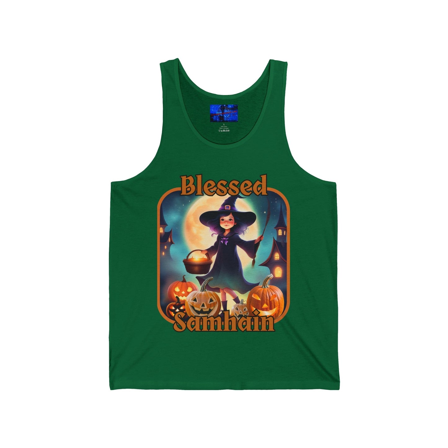 Blessed Samhain Little Witch ORfont Unisex Jersey Tank Top by cypherpunkgear – cypherpunkgear.com | Cypherpunk Merch