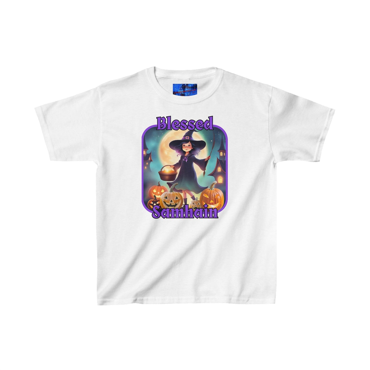 Blessed Samhain Little Witch PRfont Kids Heavy Cotton™ Tee by cypherpunkgear – cypherpunkgear.com | Cypherpunk Merch