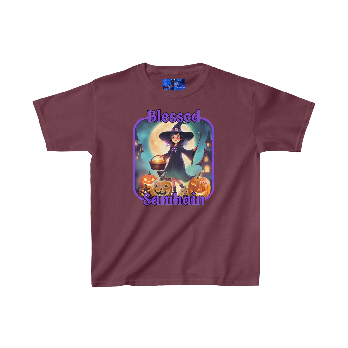 Blessed Samhain Little Witch PRfont Kids Heavy Cotton™ Tee by cypherpunkgear – cypherpunkgear.com | Cypherpunk Merch