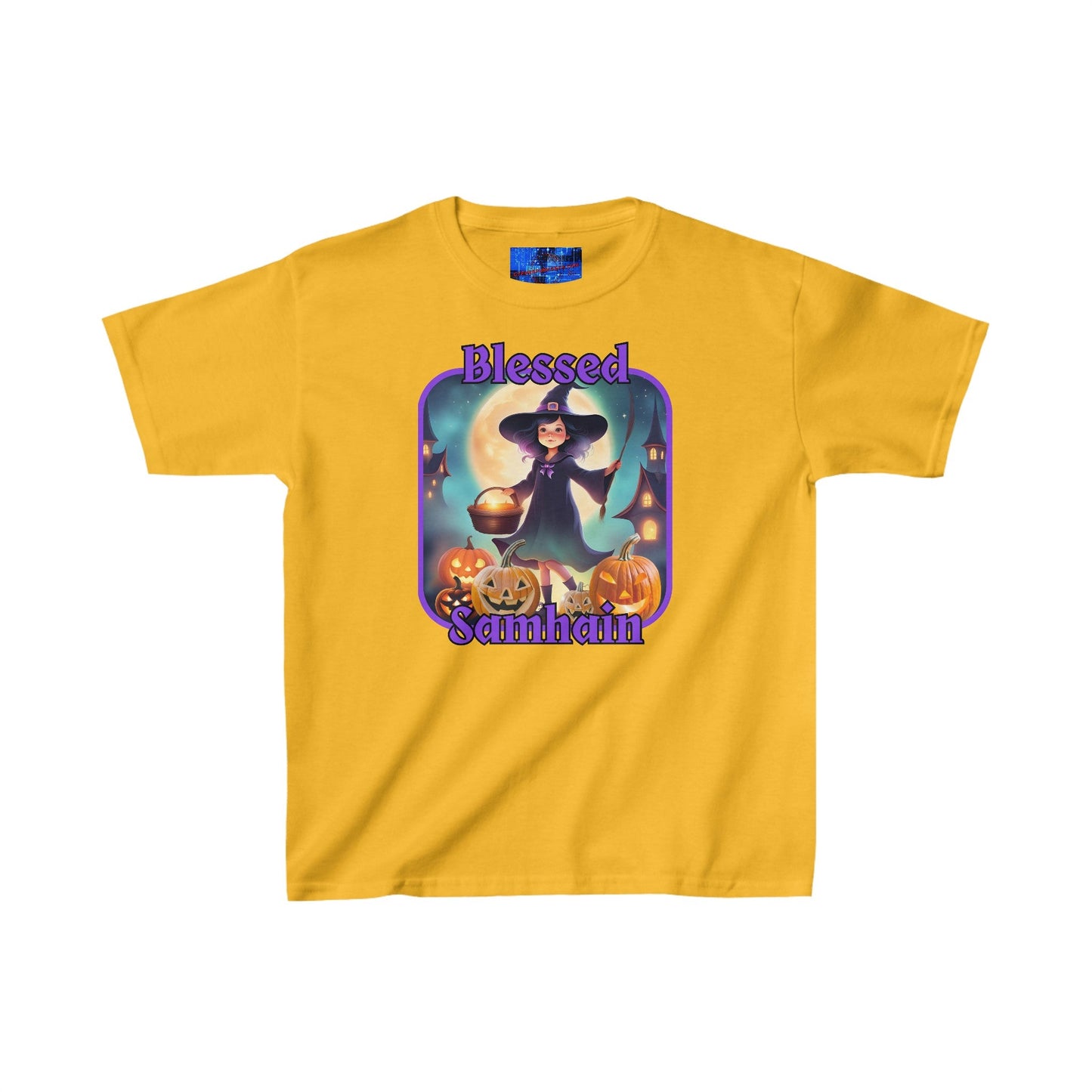 Blessed Samhain Little Witch PRfont Kids Heavy Cotton™ Tee by cypherpunkgear – cypherpunkgear.com | Cypherpunk Merch
