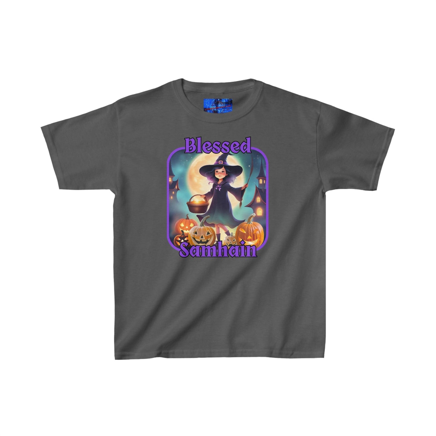 Blessed Samhain Little Witch PRfont Kids Heavy Cotton™ Tee by cypherpunkgear – cypherpunkgear.com | Cypherpunk Merch