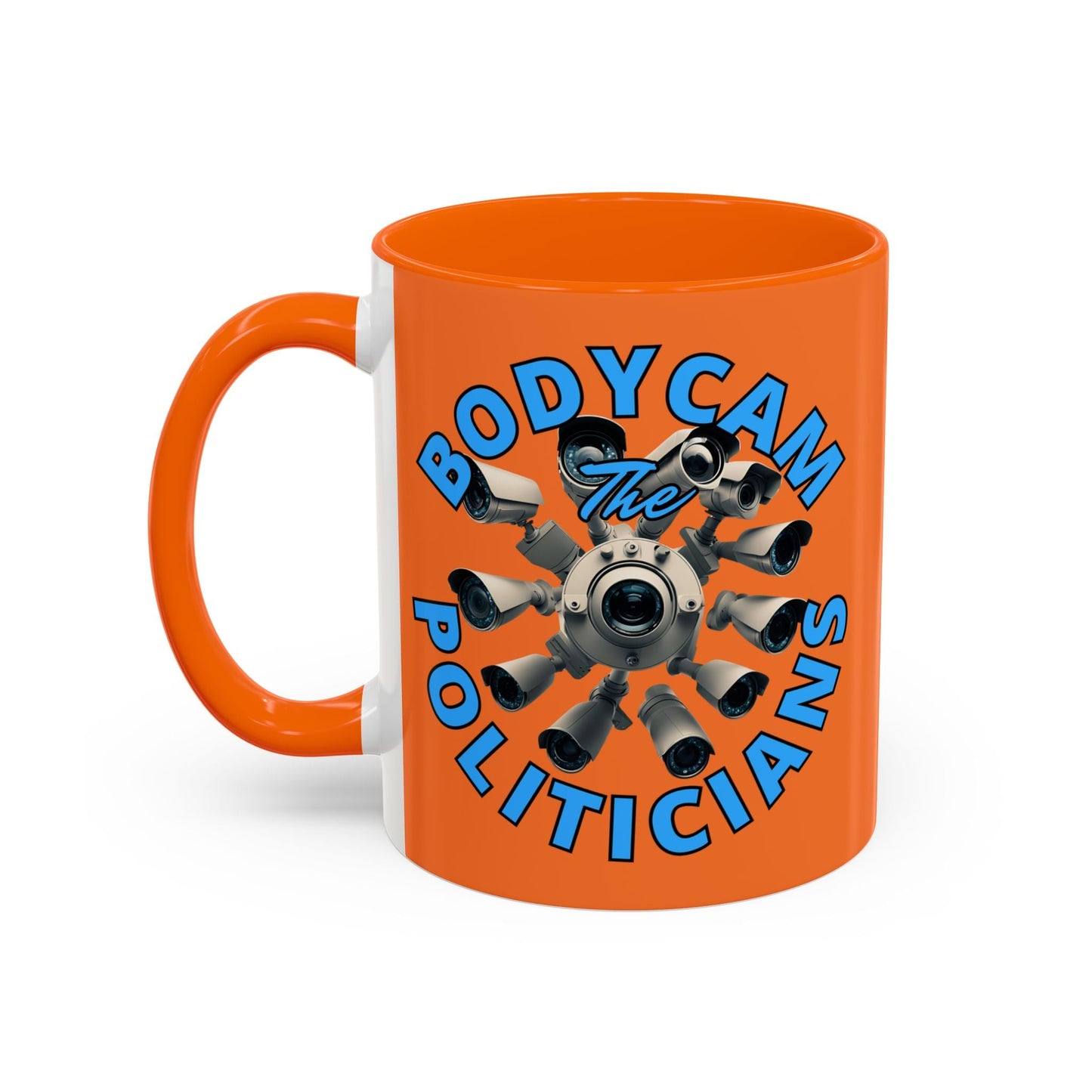 Bodycam the Politicians Cameras Orange Accent Mug by cypherpunkgear.com – cypherpunkgear.com | Cypherpunk Merch