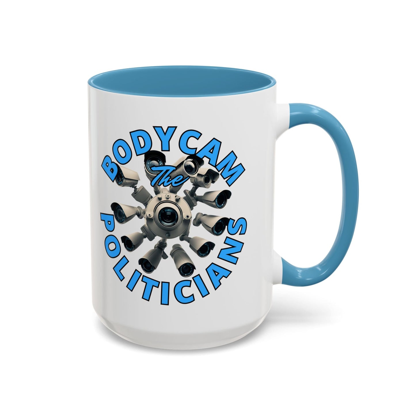 Bodycam the Politicians Cameras White Accent Mug by cypherpunkgear.com – cypherpunkgear.com | Cypherpunk Merch