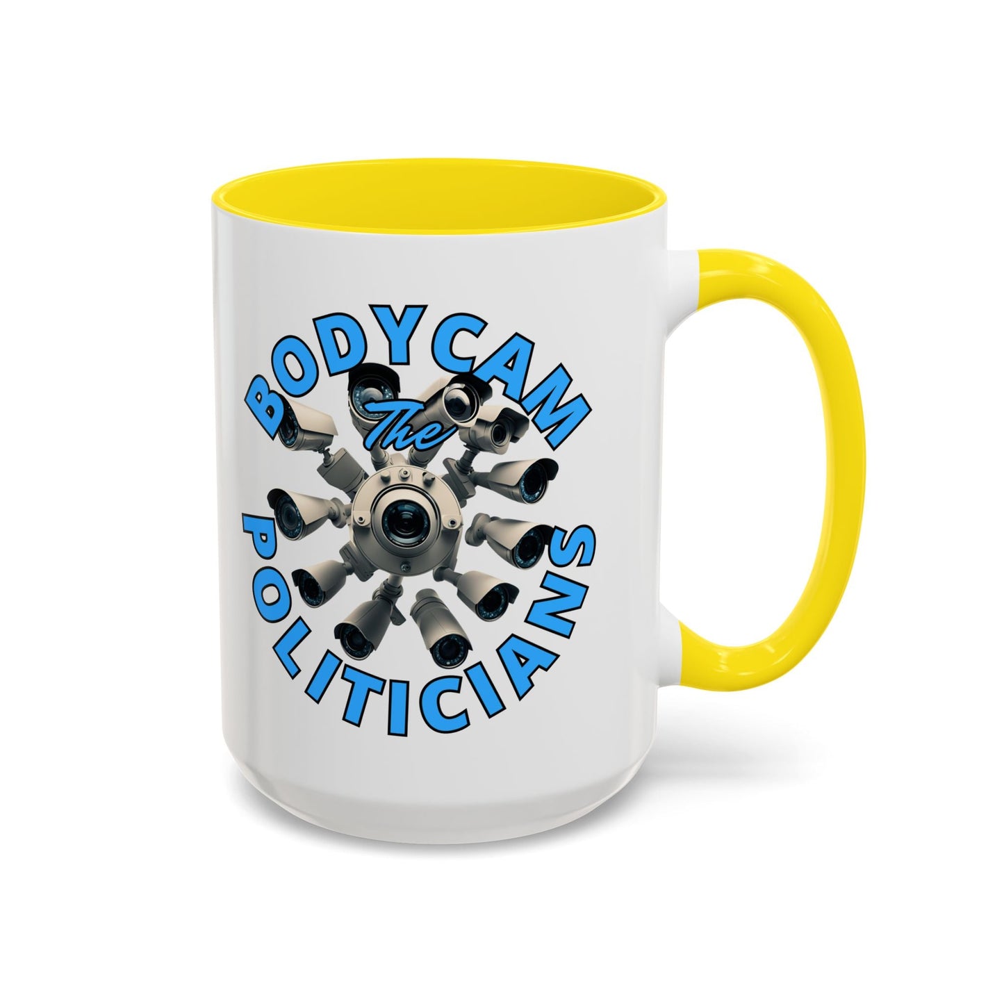 Bodycam the Politicians Cameras White Accent Mug by cypherpunkgear.com – cypherpunkgear.com | Cypherpunk Merch