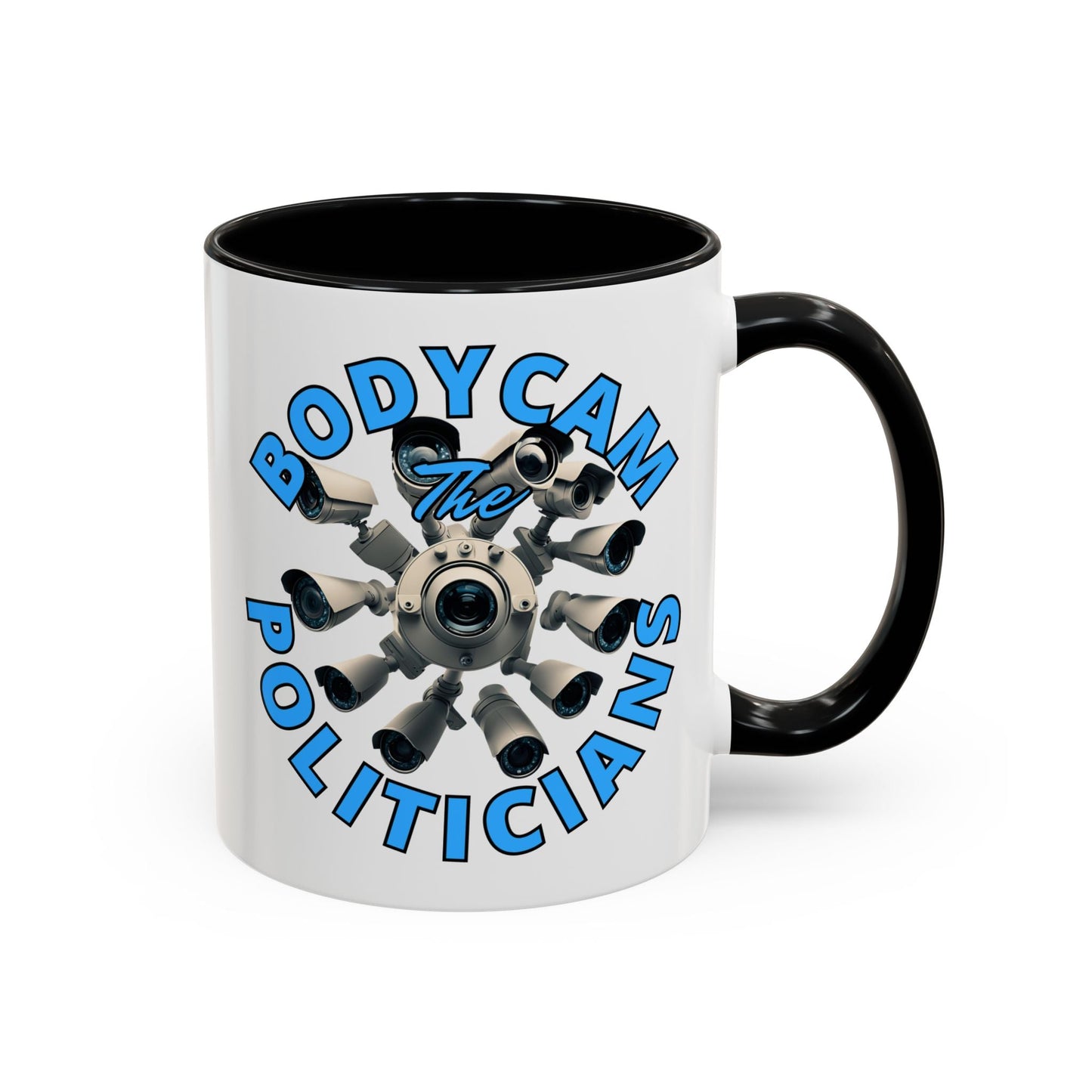 Bodycam the Politicians Cameras White Accent Mug by cypherpunkgear.com – cypherpunkgear.com | Cypherpunk Merch