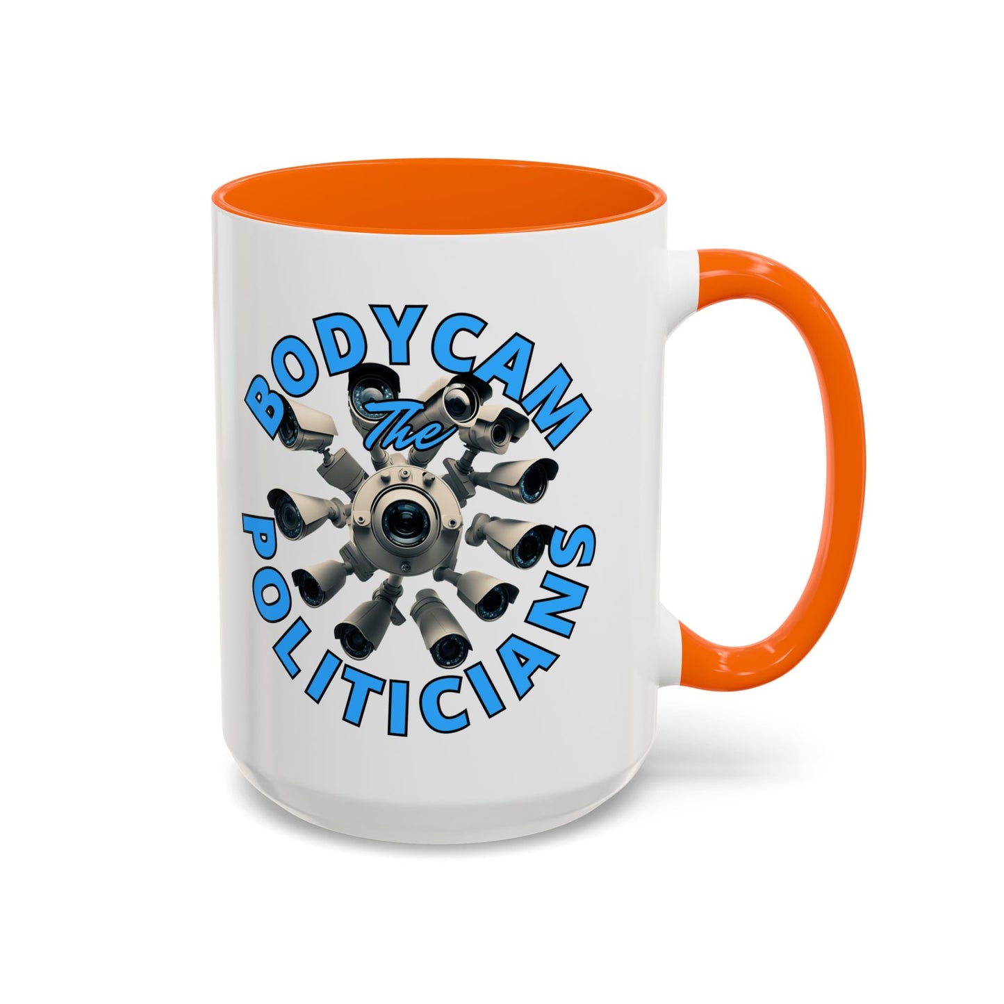 Bodycam the Politicians Cameras White Accent Mug by cypherpunkgear.com – cypherpunkgear.com | Cypherpunk Merch