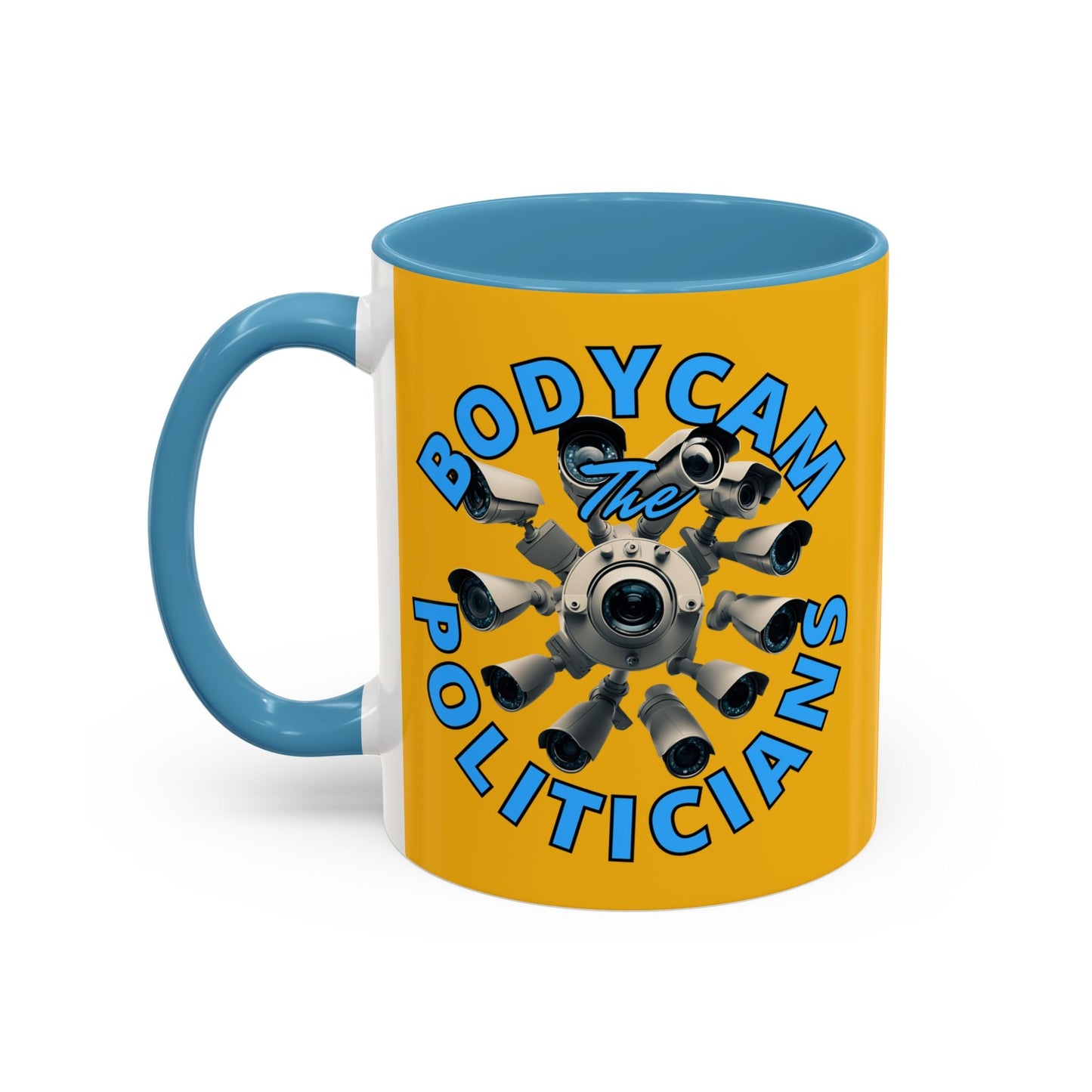 Bodycam the Politicians Cameras Yellow Accent Mug by cypherpunkgear.com – cypherpunkgear.com | Cypherpunk Merch