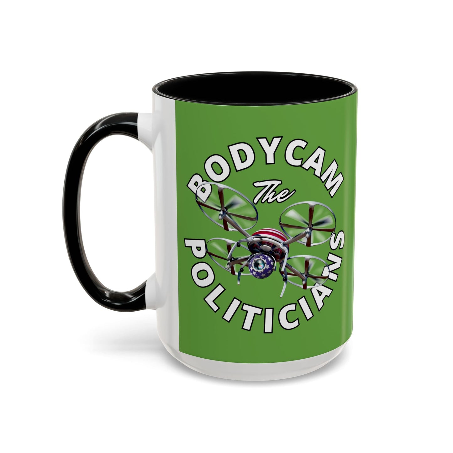 Bodycam the Politicians Drone Green Accent Mug by cypherpunkgear.com – cypherpunkgear.com | Cypherpunk Merch