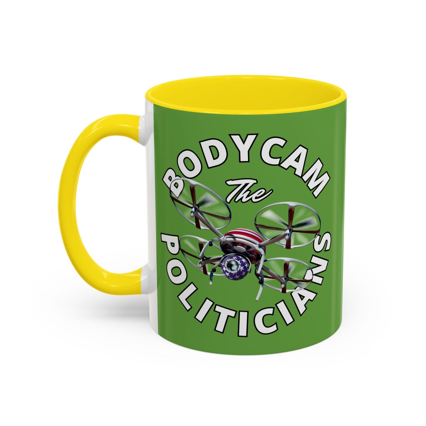 Bodycam the Politicians Drone Green Accent Mug by cypherpunkgear.com – cypherpunkgear.com | Cypherpunk Merch
