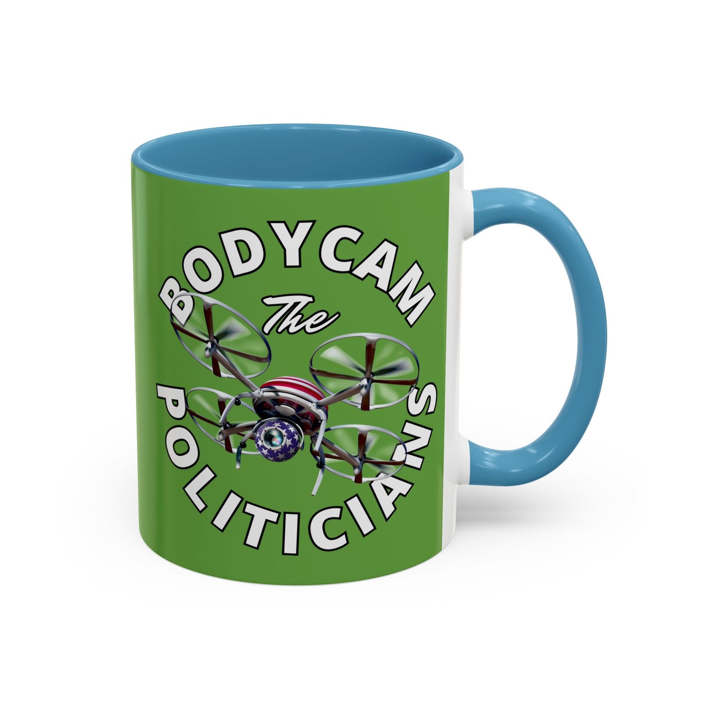 Bodycam the Politicians Drone Green Accent Mug by cypherpunkgear.com – cypherpunkgear.com | Cypherpunk Merch