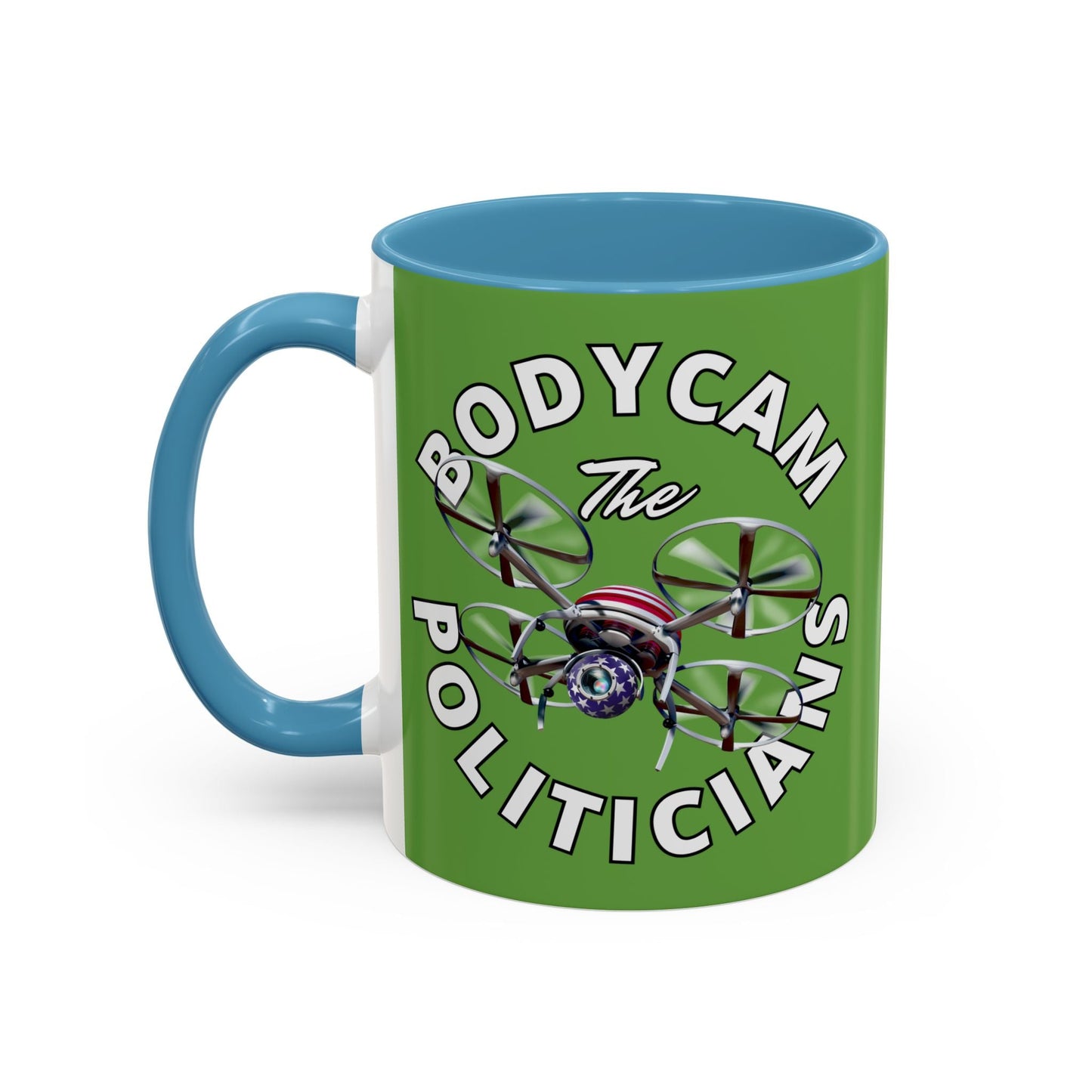 Bodycam the Politicians Drone Green Accent Mug by cypherpunkgear.com – cypherpunkgear.com | Cypherpunk Merch