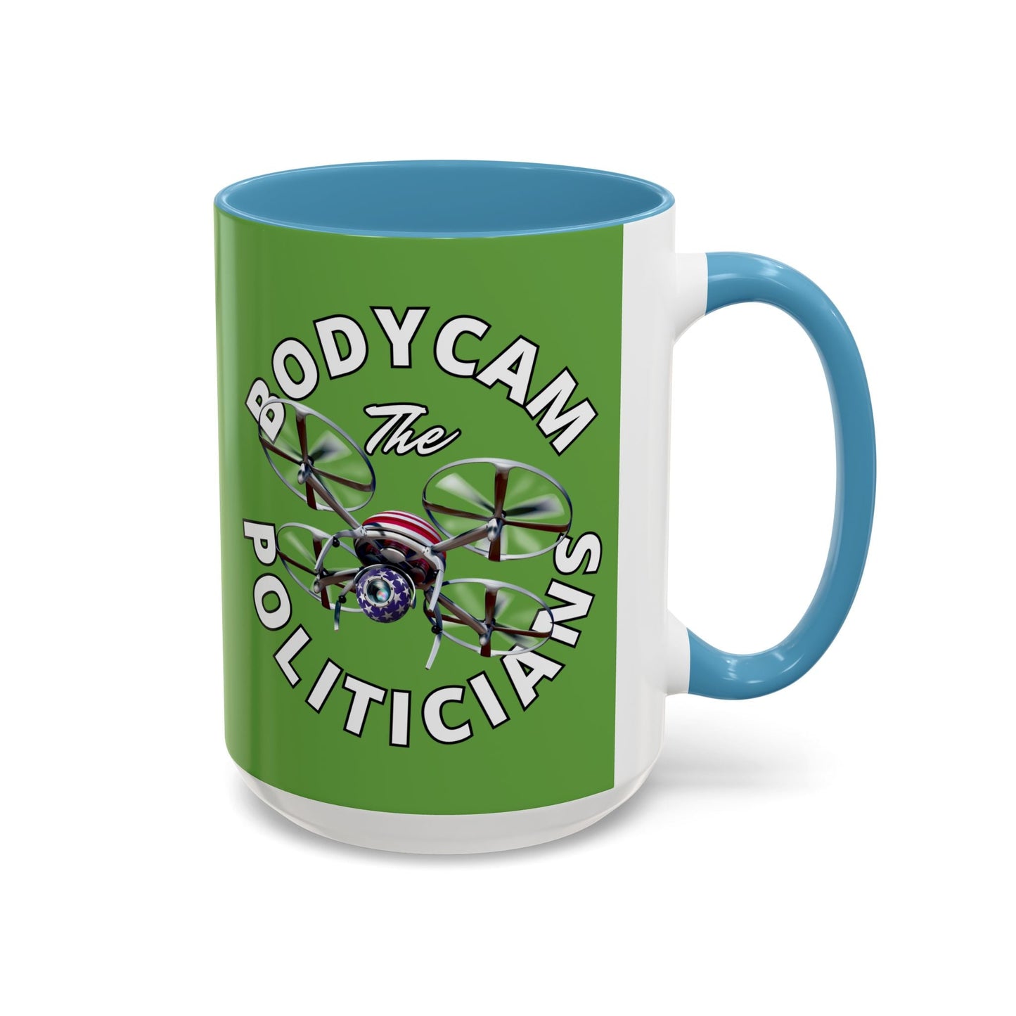 Bodycam the Politicians Drone Green Accent Mug by cypherpunkgear.com – cypherpunkgear.com | Cypherpunk Merch