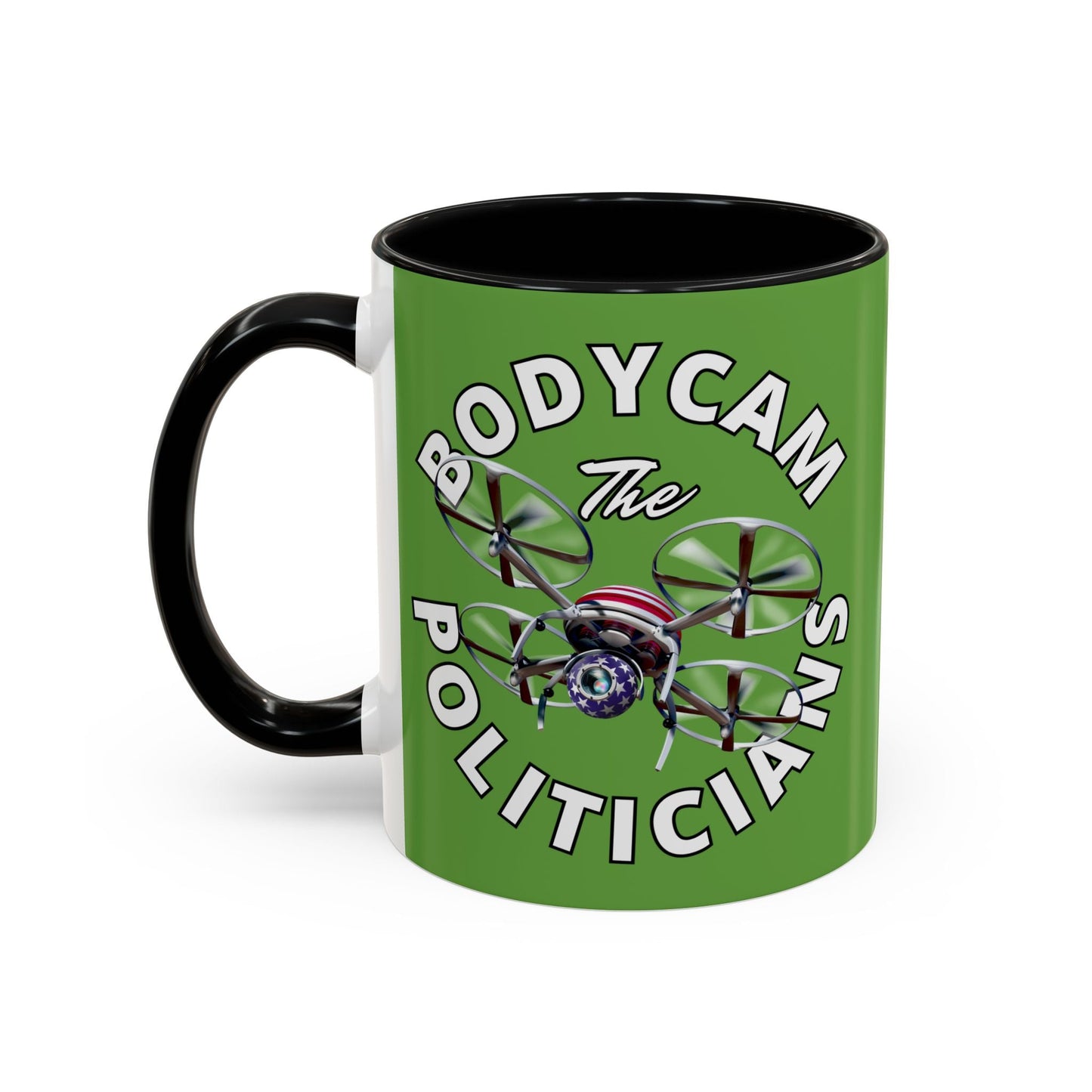 Bodycam the Politicians Drone Green Accent Mug by cypherpunkgear.com – cypherpunkgear.com | Cypherpunk Merch
