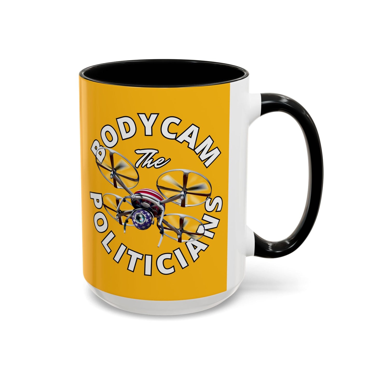 Bodycam the Politicians Drone Yellow Accent Mug by cypherpunkgear.com – cypherpunkgear.com | Cypherpunk Merch