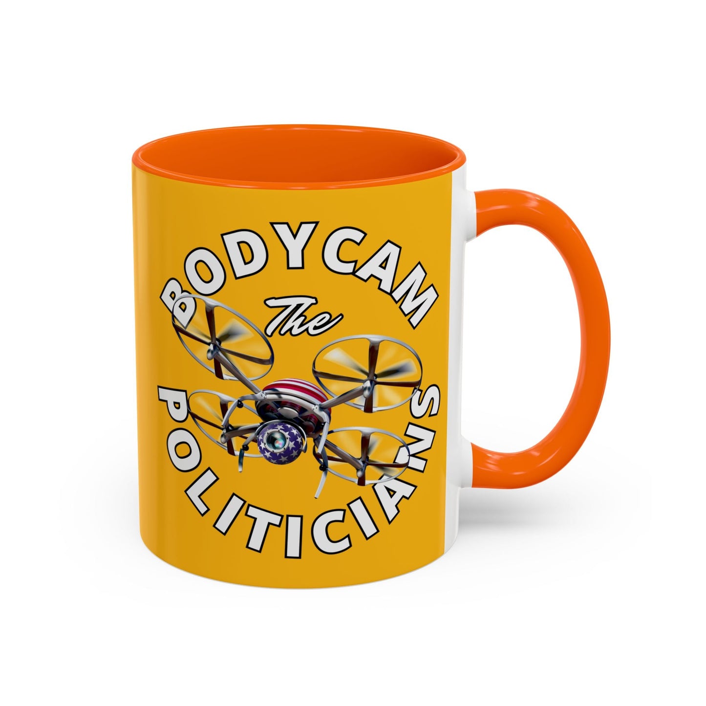Bodycam the Politicians Drone Yellow Accent Mug by cypherpunkgear.com – cypherpunkgear.com | Cypherpunk Merch