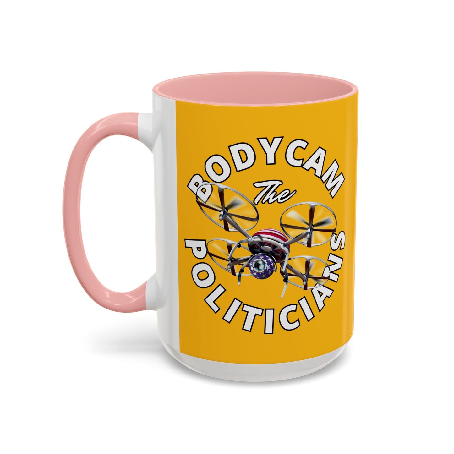 Bodycam the Politicians Drone Yellow Accent Mug by cypherpunkgear.com – cypherpunkgear.com | Cypherpunk Merch