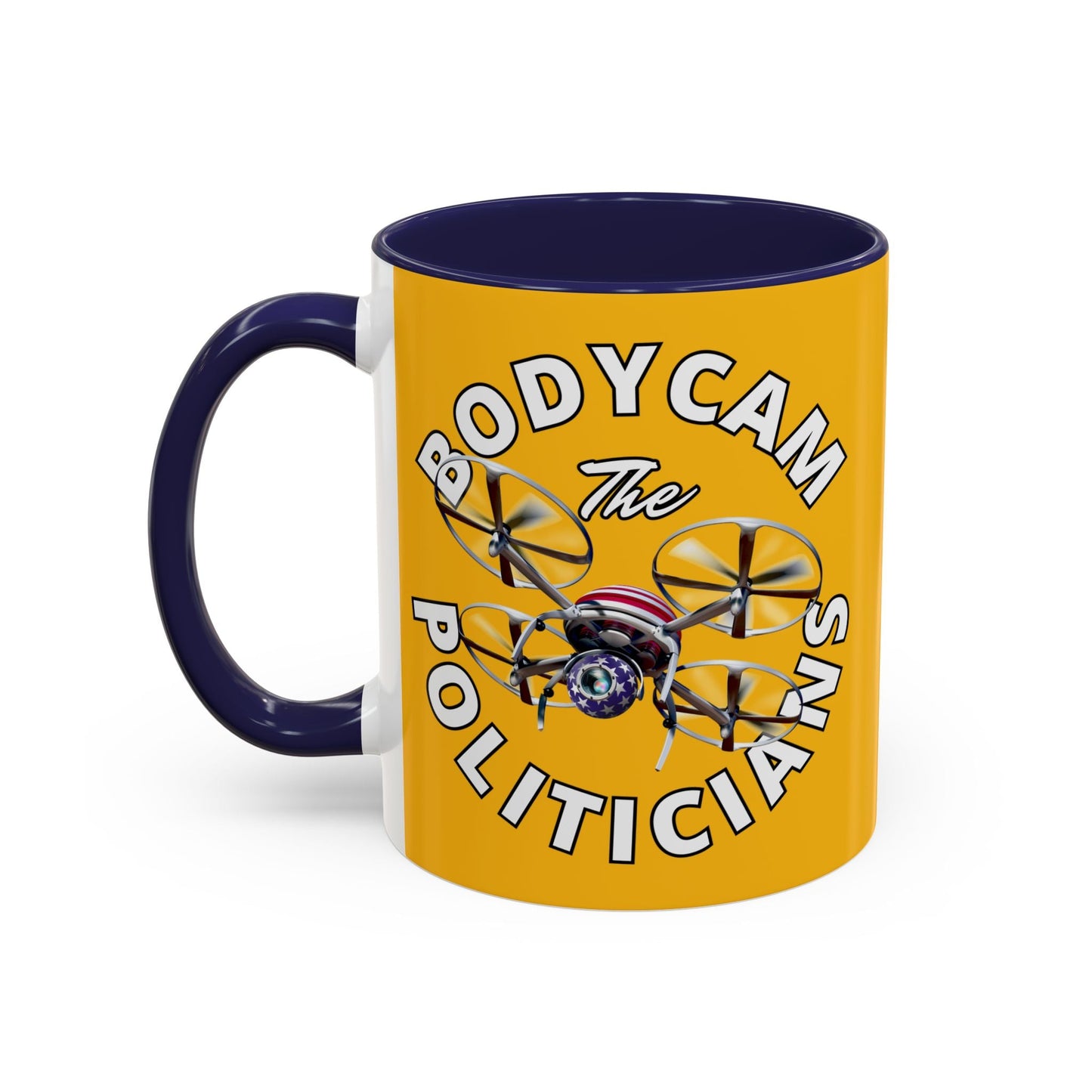 Bodycam the Politicians Drone Yellow Accent Mug by cypherpunkgear.com – cypherpunkgear.com | Cypherpunk Merch