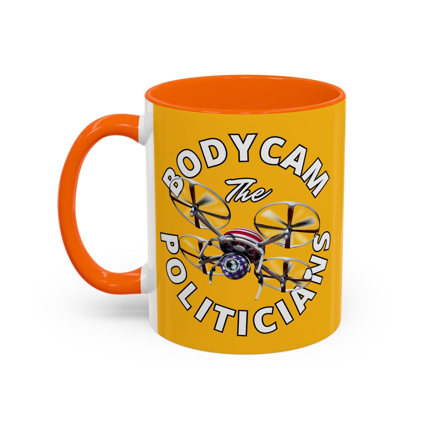 Bodycam the Politicians Drone Yellow Accent Mug by cypherpunkgear.com – cypherpunkgear.com | Cypherpunk Merch