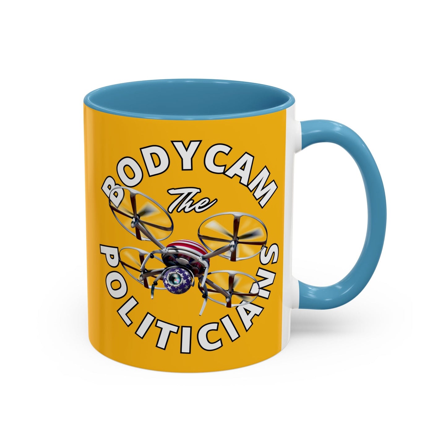 Bodycam the Politicians Drone Yellow Accent Mug by cypherpunkgear.com – cypherpunkgear.com | Cypherpunk Merch