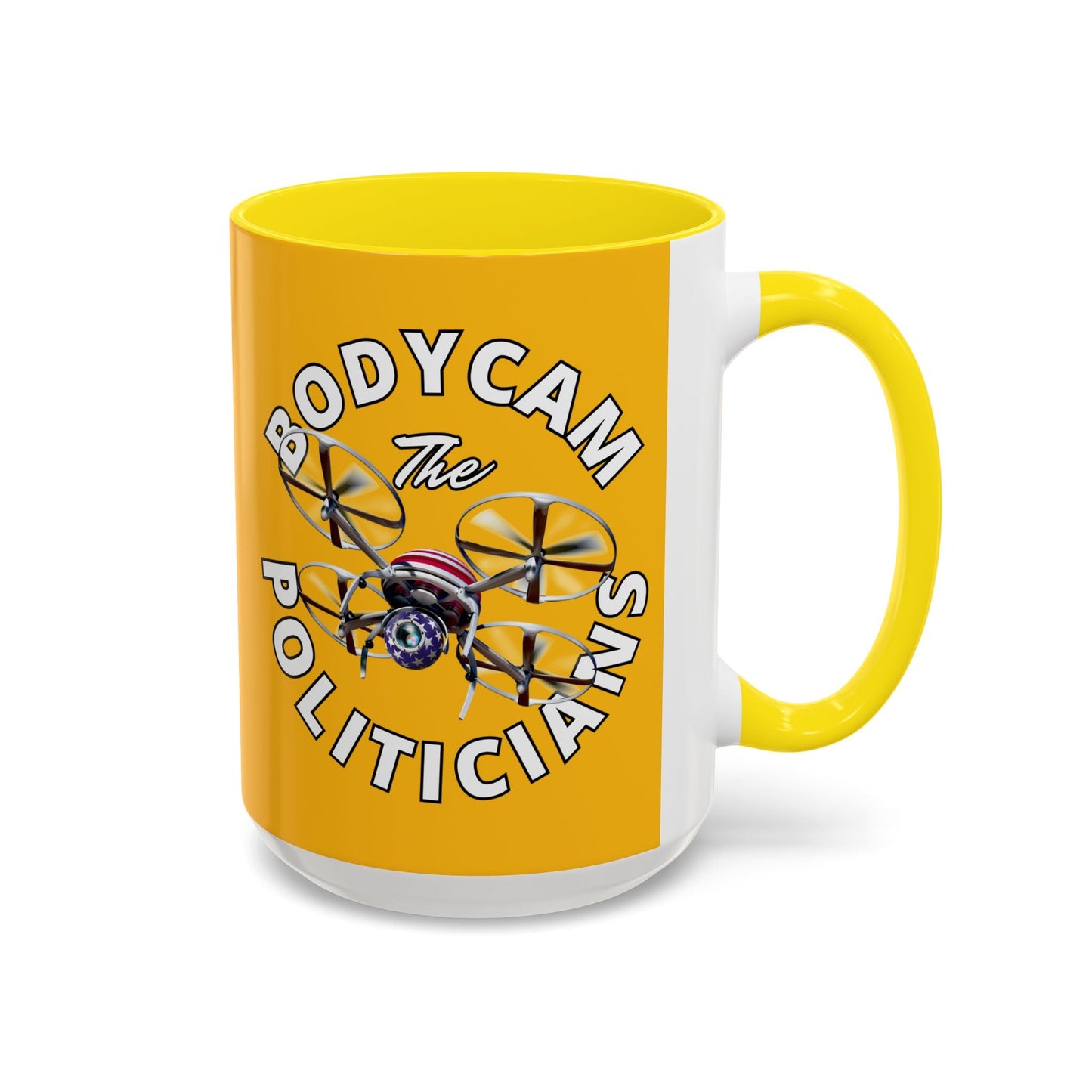 Bodycam the Politicians Drone Yellow Accent Mug by cypherpunkgear.com – cypherpunkgear.com | Cypherpunk Merch