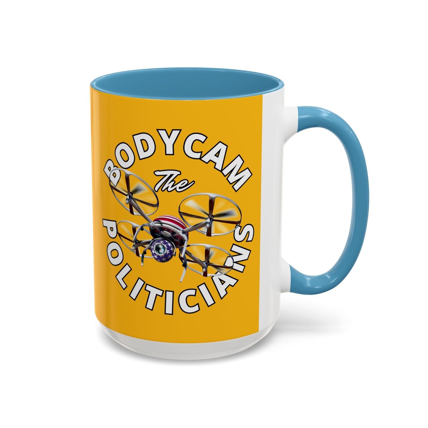 Bodycam the Politicians Drone Yellow Accent Mug by cypherpunkgear.com – cypherpunkgear.com | Cypherpunk Merch