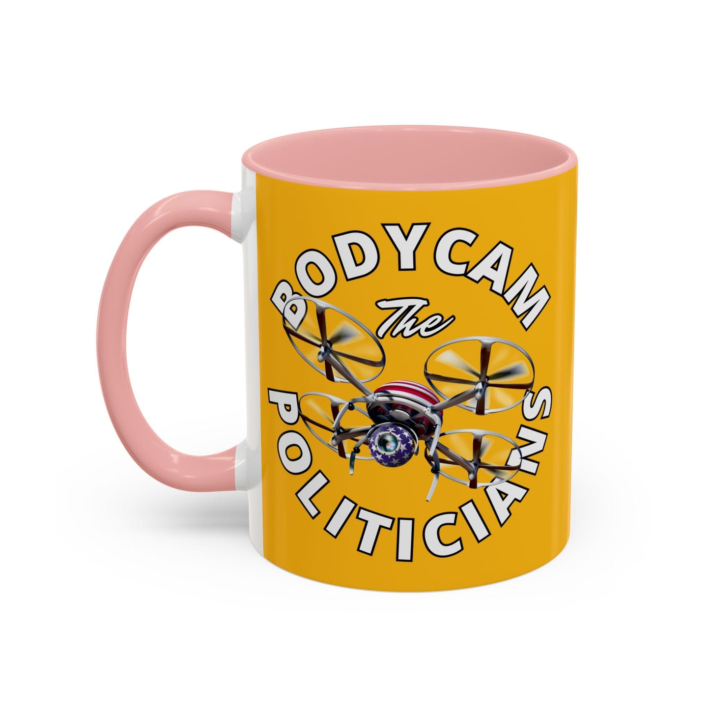 Bodycam the Politicians Drone Yellow Accent Mug by cypherpunkgear.com – cypherpunkgear.com | Cypherpunk Merch