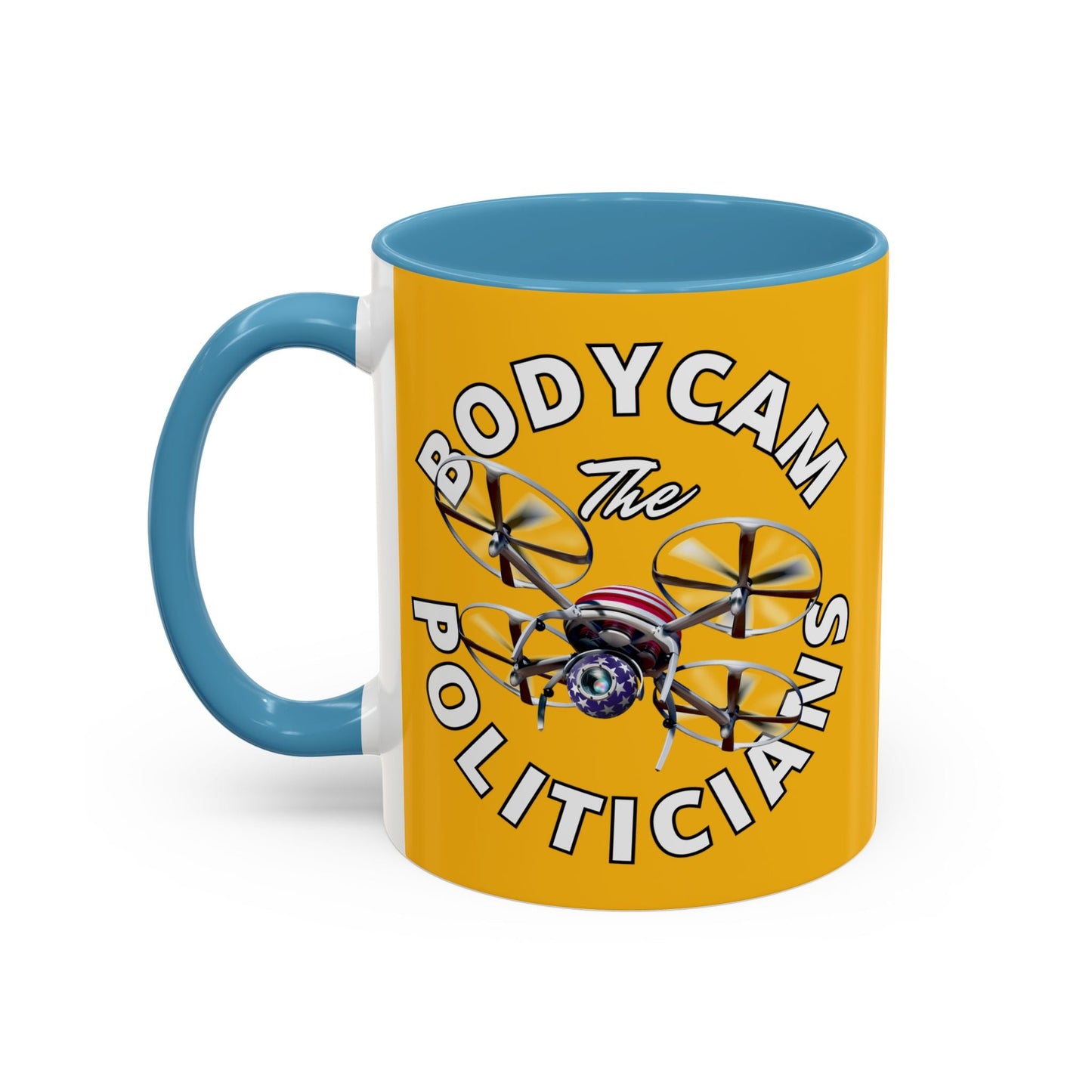 Bodycam the Politicians Drone Yellow Accent Mug by cypherpunkgear.com – cypherpunkgear.com | Cypherpunk Merch