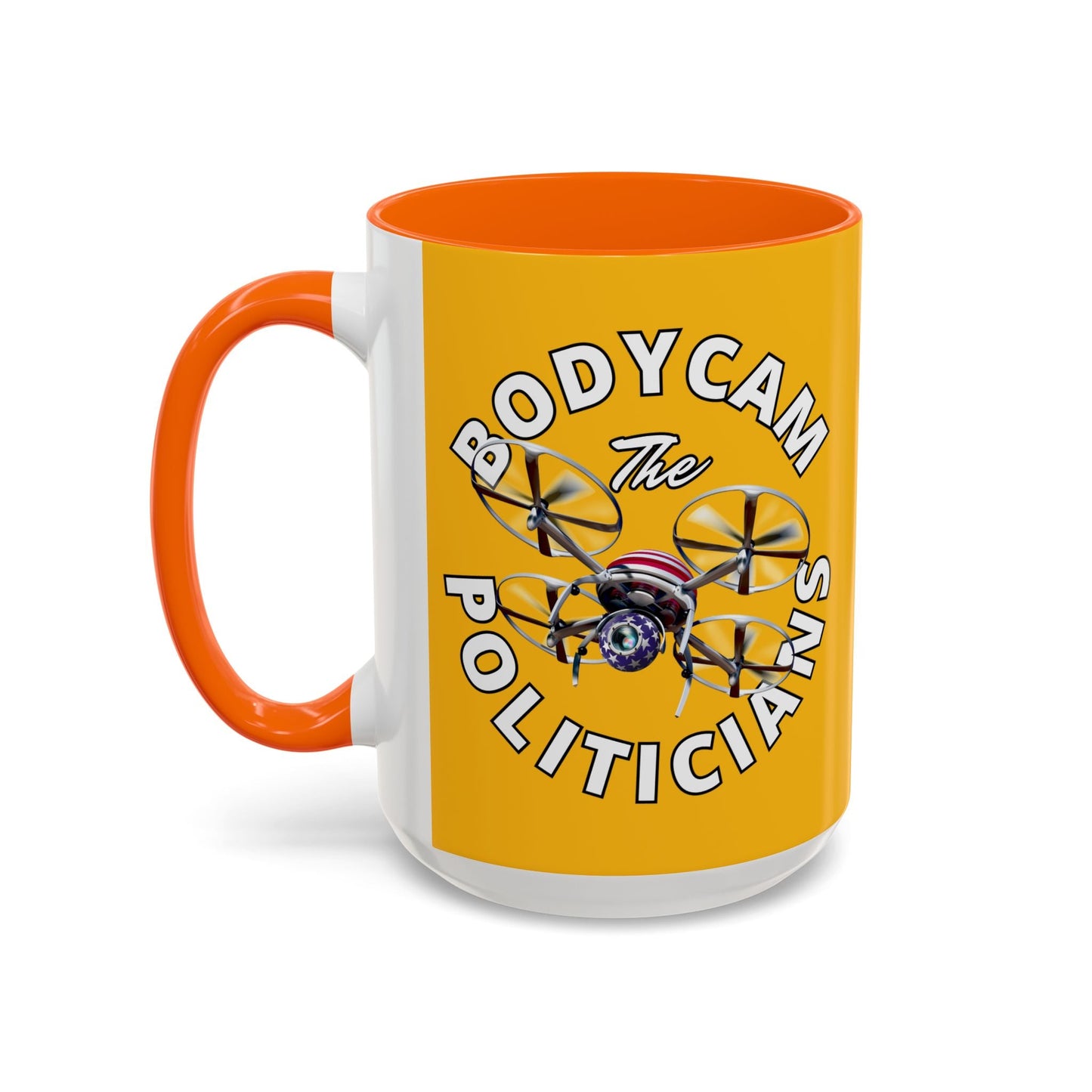 Bodycam the Politicians Drone Yellow Accent Mug by cypherpunkgear.com – cypherpunkgear.com | Cypherpunk Merch