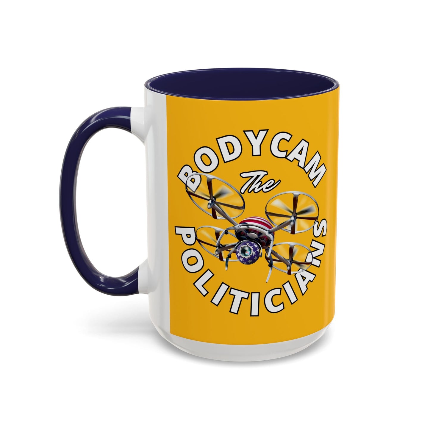 Bodycam the Politicians Drone Yellow Accent Mug by cypherpunkgear.com – cypherpunkgear.com | Cypherpunk Merch