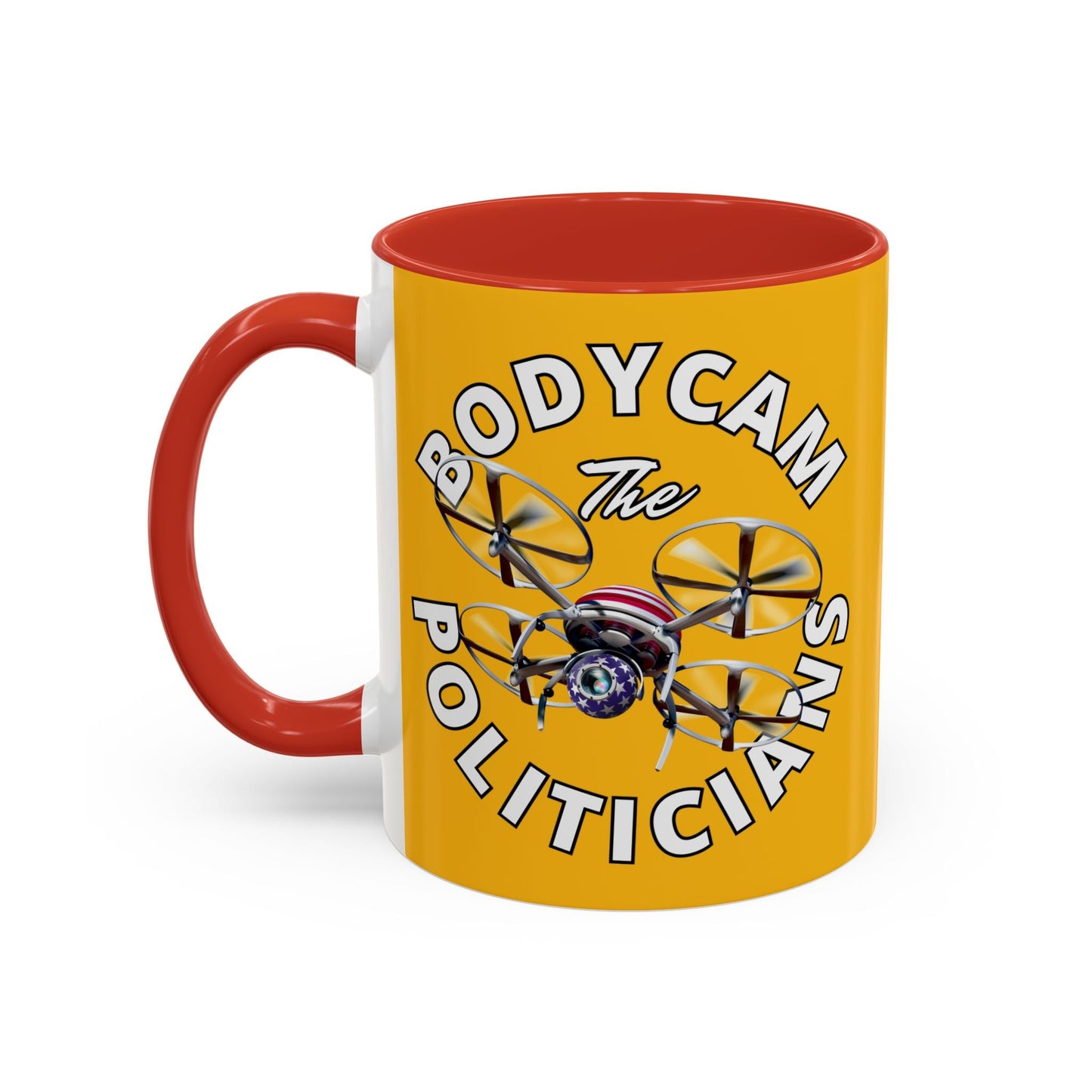 Bodycam the Politicians Drone Yellow Accent Mug by cypherpunkgear.com – cypherpunkgear.com | Cypherpunk Merch