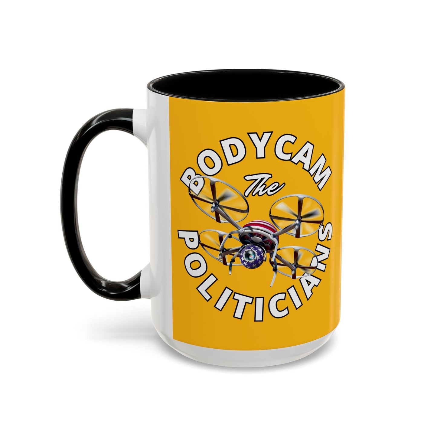 Bodycam the Politicians Drone Yellow Accent Mug by cypherpunkgear.com – cypherpunkgear.com | Cypherpunk Merch
